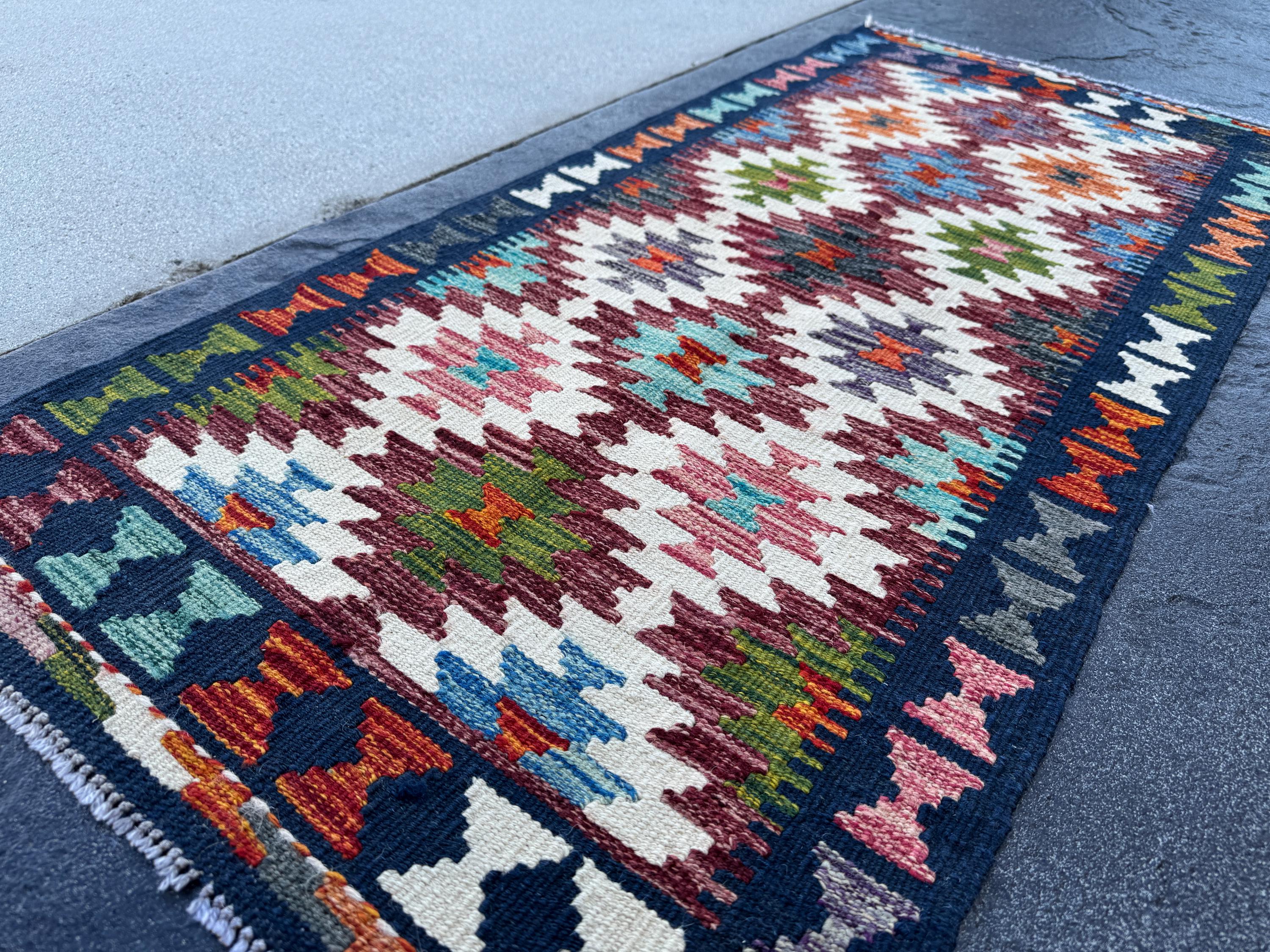 2x5 Handmade Afghan Kilim Runner Rug | Maroon Cream White Rust Red Burnt Orange Olive Green Teal Aqua Blue Navy Mustard Yellow Grey | Wool