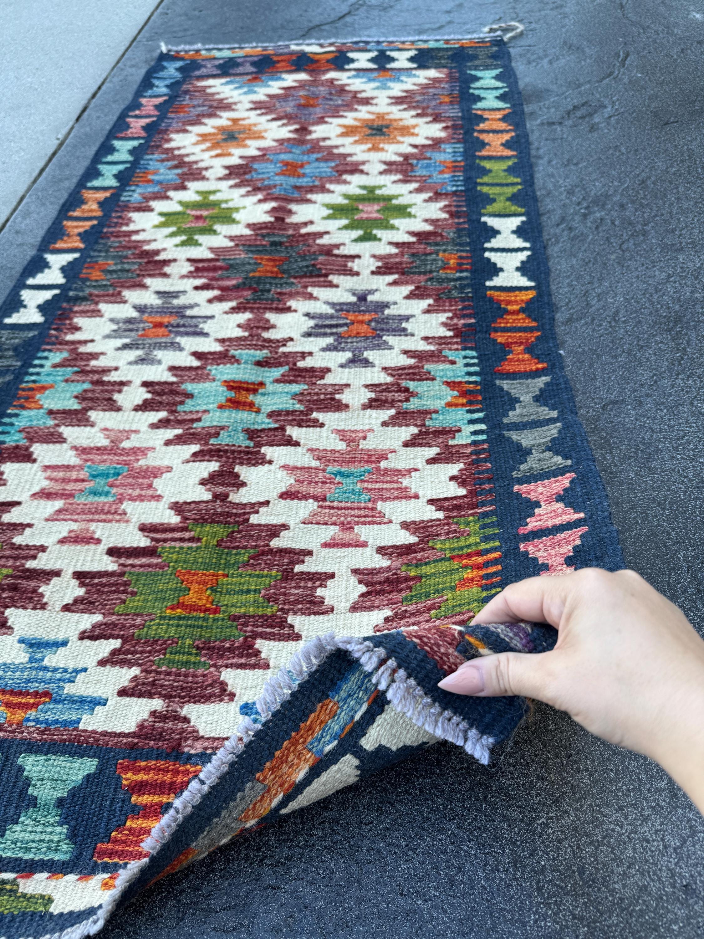 2x5 Handmade Afghan Kilim Runner Rug | Maroon Cream White Rust Red Burnt Orange Olive Green Teal Aqua Blue Navy Mustard Yellow Grey | Wool