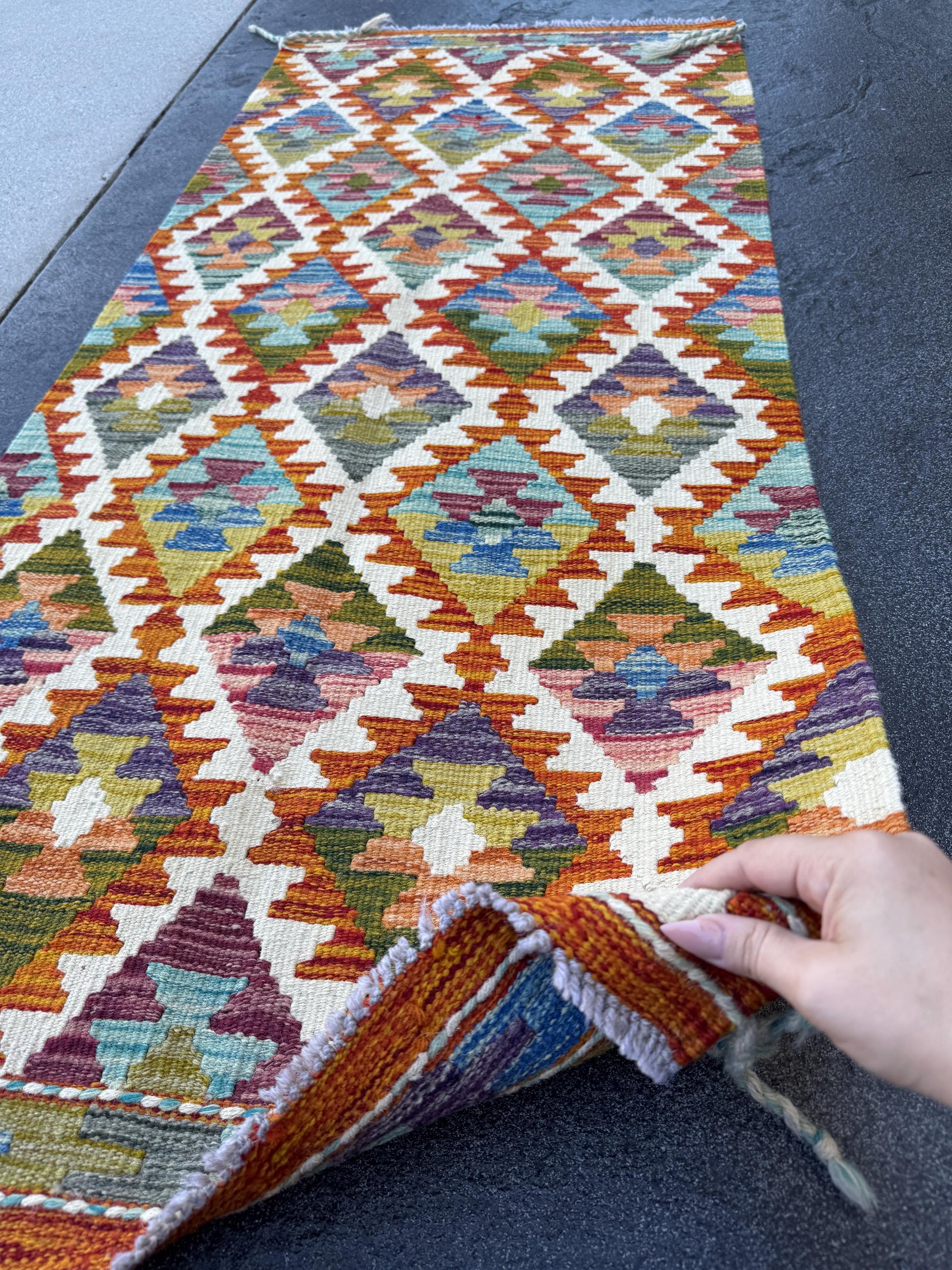 2x5 Handmade Afghan Kilim Runner Rug | Burnt Orange Rust Red Cream White Mustard Yellow Olive Green Teal Aqua Blue Purple Maroon Grey | Wool