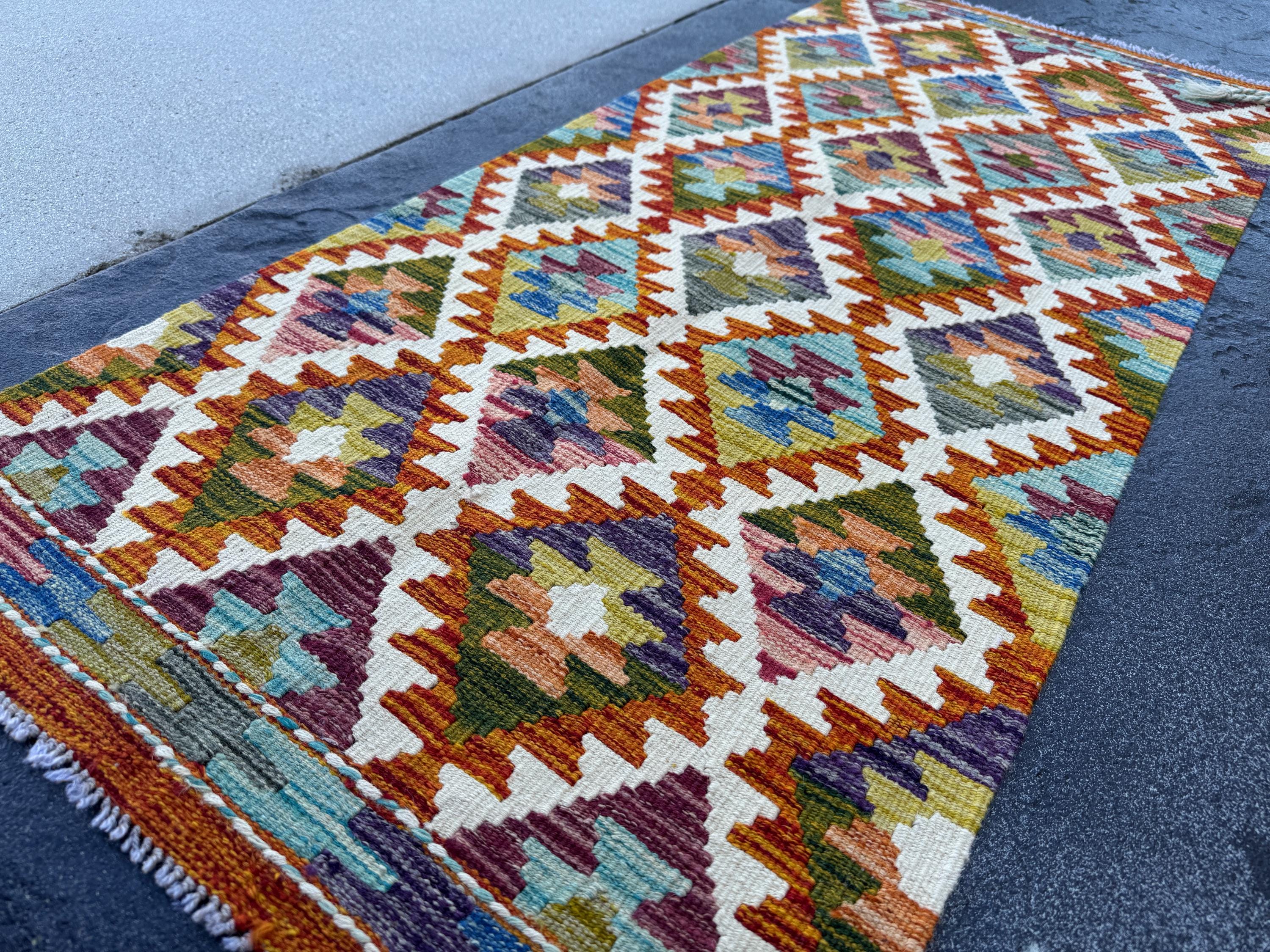2x5 Handmade Afghan Kilim Runner Rug | Burnt Orange Rust Red Cream White Mustard Yellow Olive Green Teal Aqua Blue Purple Maroon Grey | Wool
