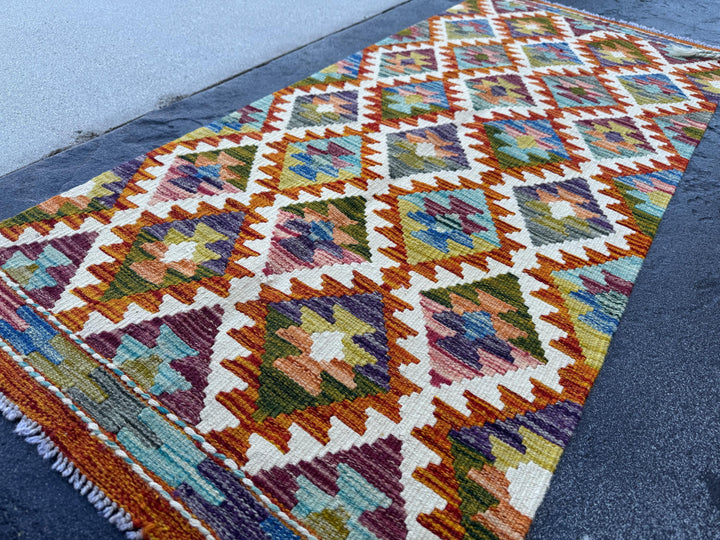 2x5 Handmade Afghan Kilim Runner Rug | Burnt Orange Rust Red Cream White Mustard Yellow Olive Green Teal Aqua Blue Purple Maroon Grey | Wool