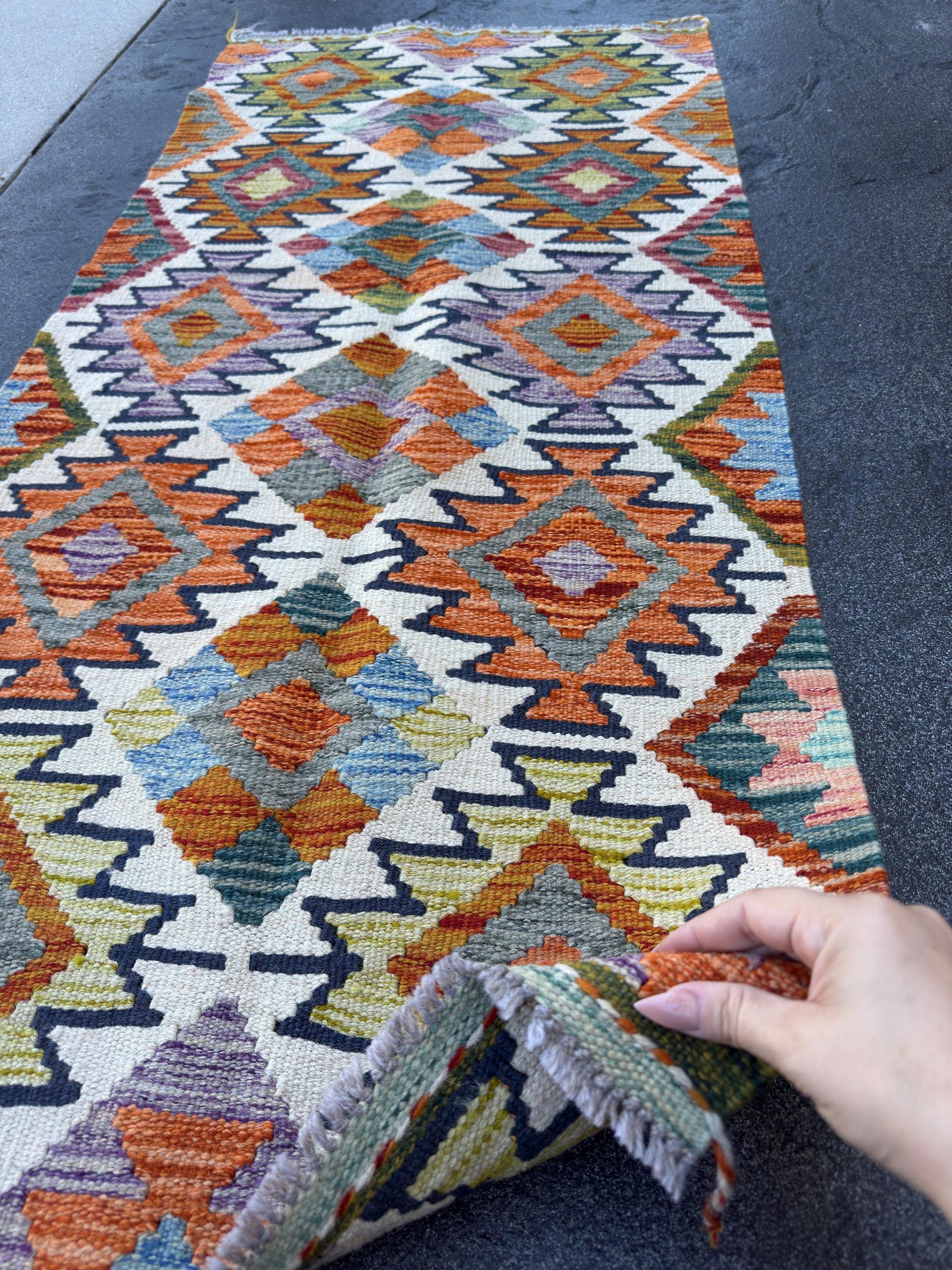 2x5 Handmade Afghan Kilim Runner Rug | Burnt Orange Cream White Mustard Yellow Olive Green Teal Aqua Blue Navy Purple Grey Rust Red | Wool