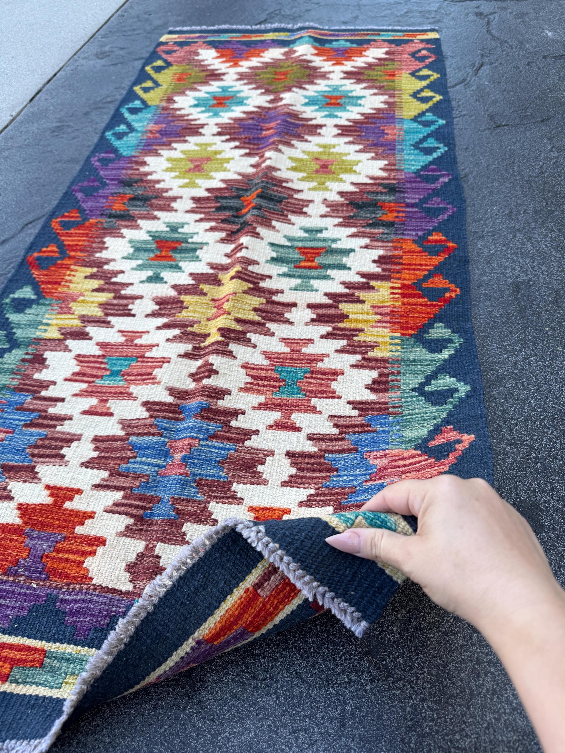 2x5 Handmade Afghan Kilim Runner Rug | Navy Maroon Rust Red Burnt Orange Cream White Mustard Yellow Olive Green Teal Aqua Blue Purple Grey
