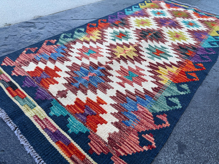 2x5 Handmade Afghan Kilim Runner Rug | Navy Maroon Rust Red Burnt Orange Cream White Mustard Yellow Olive Green Teal Aqua Blue Purple Grey