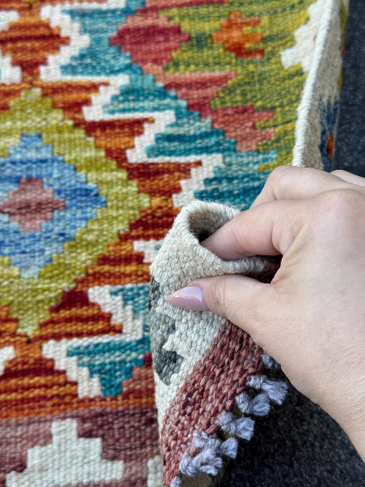 3x5 (91x152) Handmade Afghan Kilim Rug | Teal Burnt Orange Rust Red Cream White Mustard Yellow Olive Green Aqua Blue Navy Purple Grey | Wool