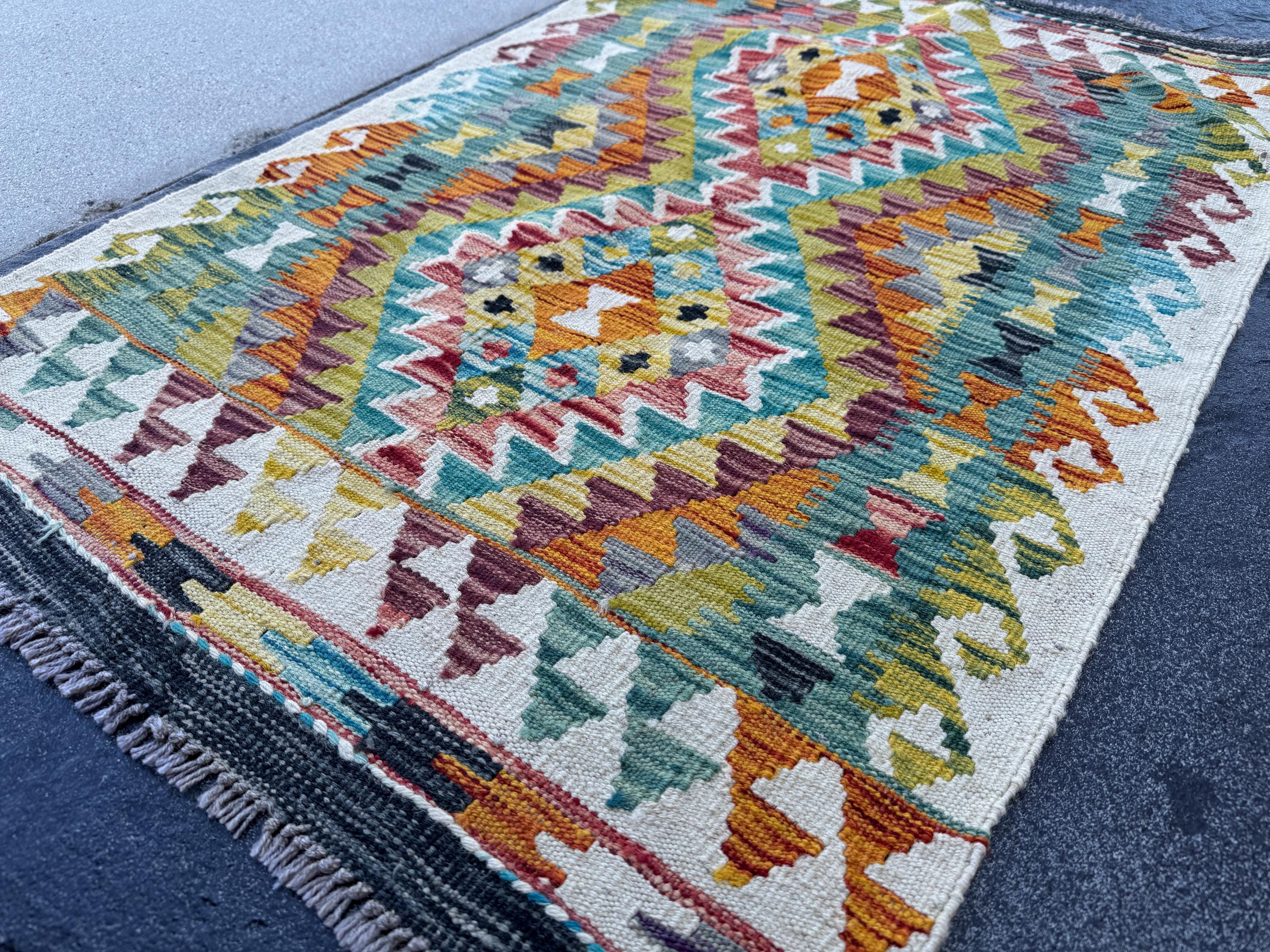 3x4 Handmade Afghan Kilim Rug | Teal Burnt Orange Mustard Yellow Cream White Olive Green Rust Red Aqua Blue Maroon Purple Grey | Flatwoven