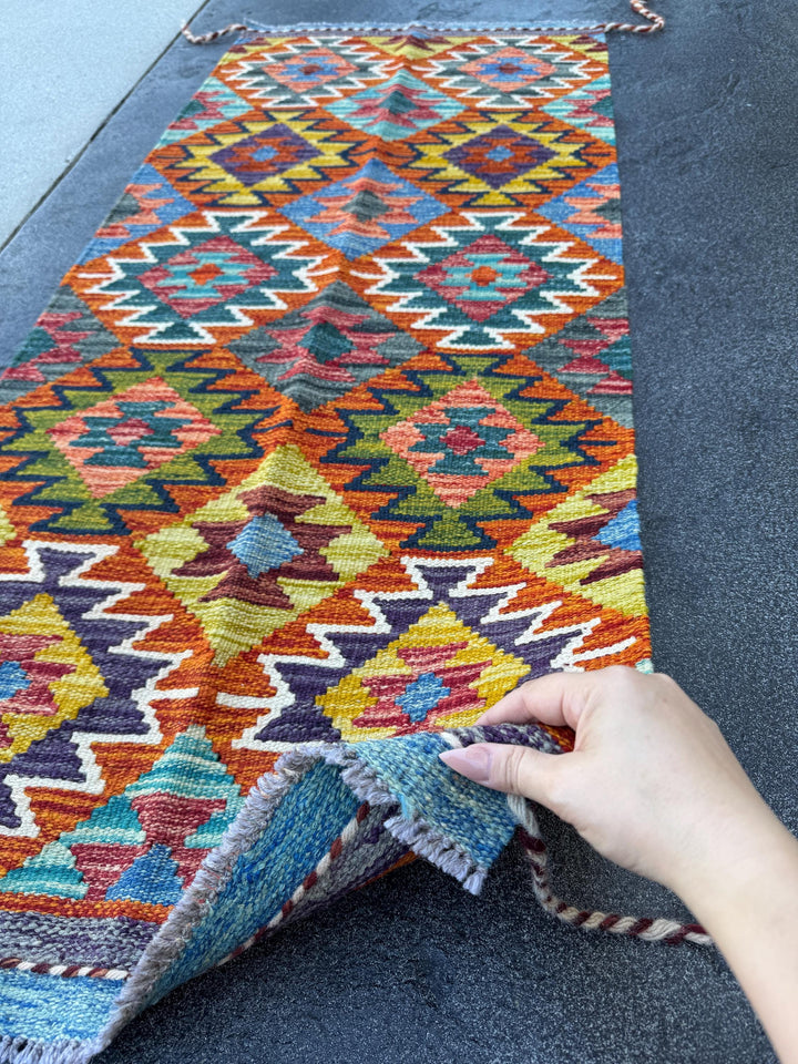 2x5 Handmade Afghan Kilim Runner Rug | Burnt Orange Mustard Yellow Olive Green Teal Aqua Blue Cream White Navy Purple Rust Red | Wool