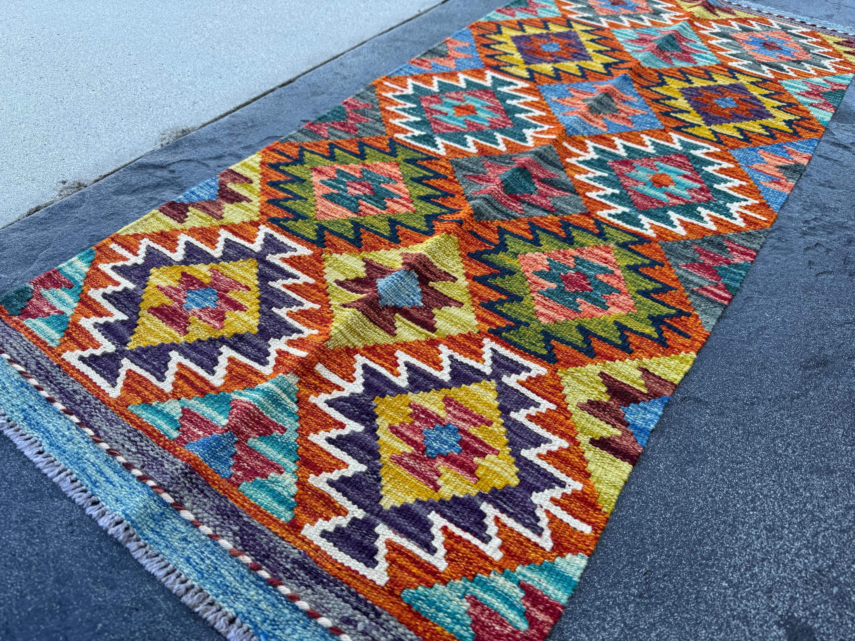 2x5 Handmade Afghan Kilim Runner Rug | Burnt Orange Mustard Yellow Olive Green Teal Aqua Blue Cream White Navy Purple Rust Red | Wool