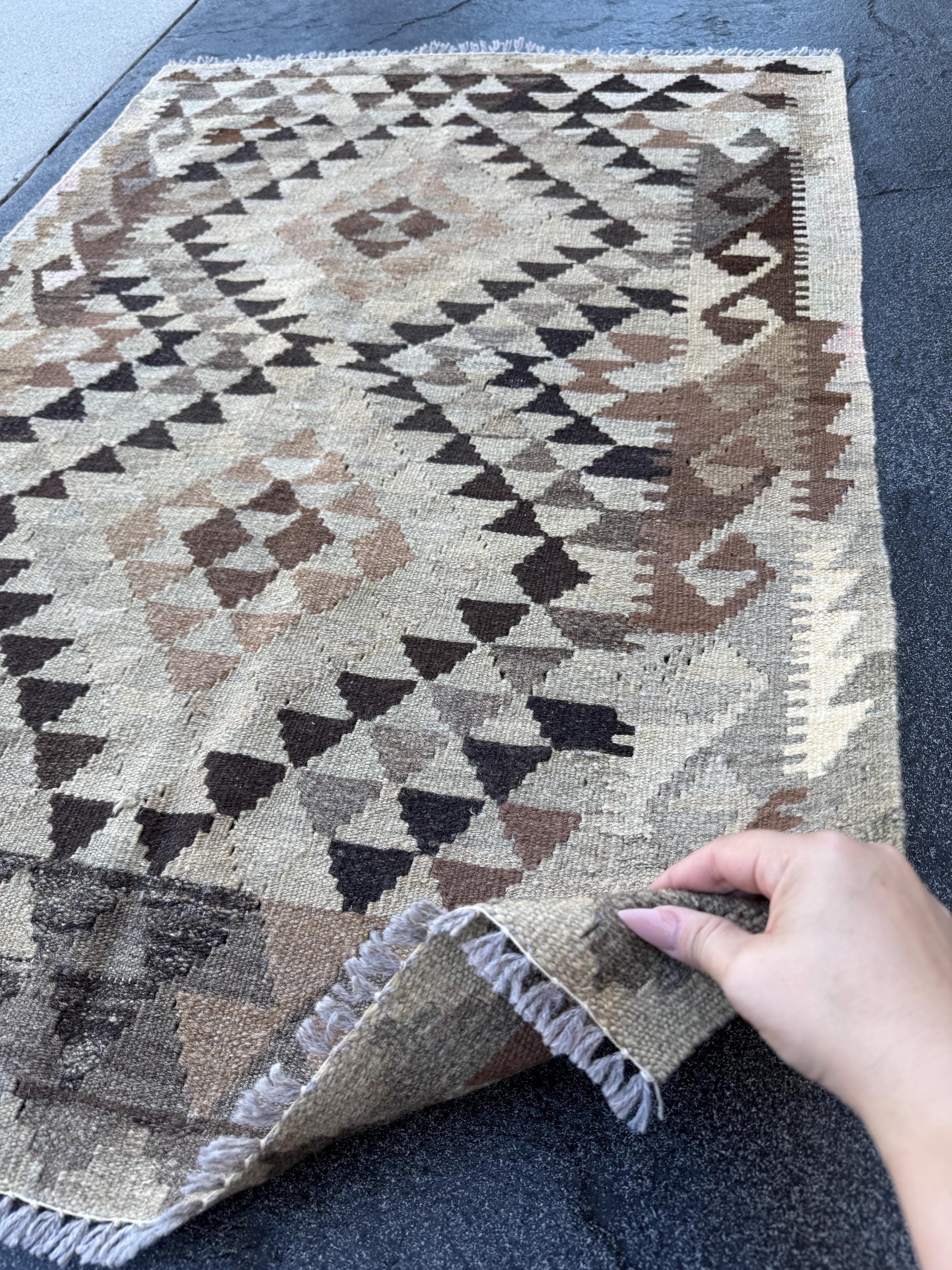 3x4 Handmade Afghan Kilim Rug | Beige Brown Cream Taupe Black Mocha Sandstone Tan Charcoal | Wool Flatwoven