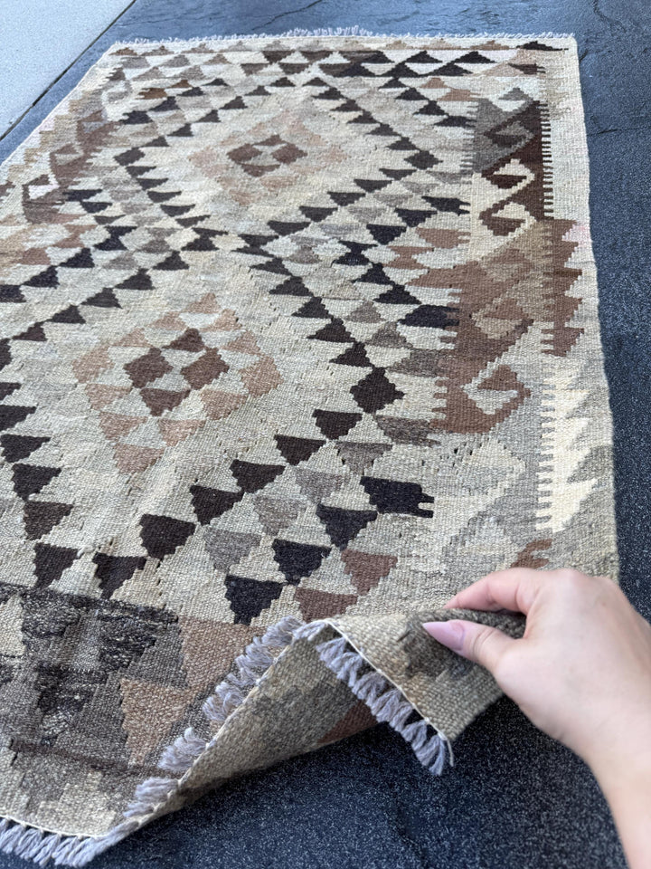 3x4 Handmade Afghan Kilim Rug | Beige Brown Cream Taupe Black Mocha Sandstone Tan Charcoal | Wool Flatwoven
