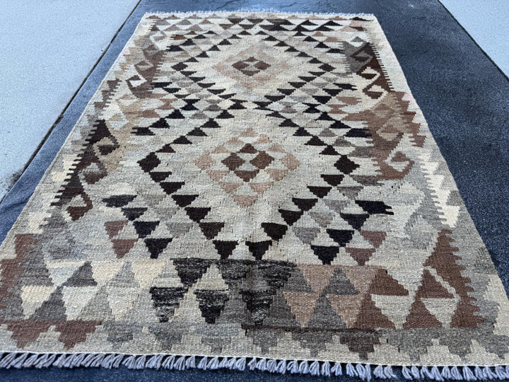 3x4 Handmade Afghan Kilim Rug | Beige Brown Cream Taupe Black Mocha Sandstone Tan Charcoal | Wool Flatwoven
