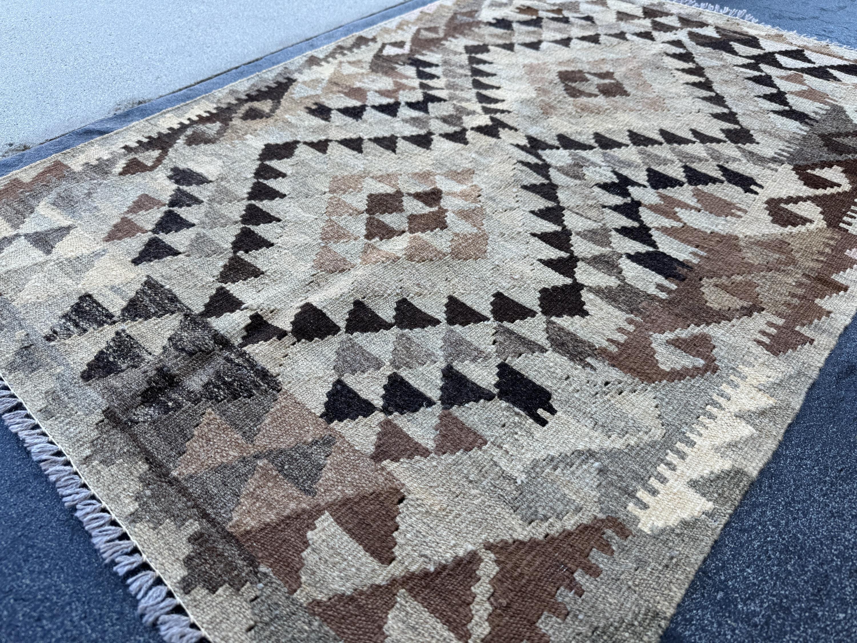 3x4 Handmade Afghan Kilim Rug | Beige Brown Cream Taupe Black Mocha Sandstone Tan Charcoal | Wool Flatwoven