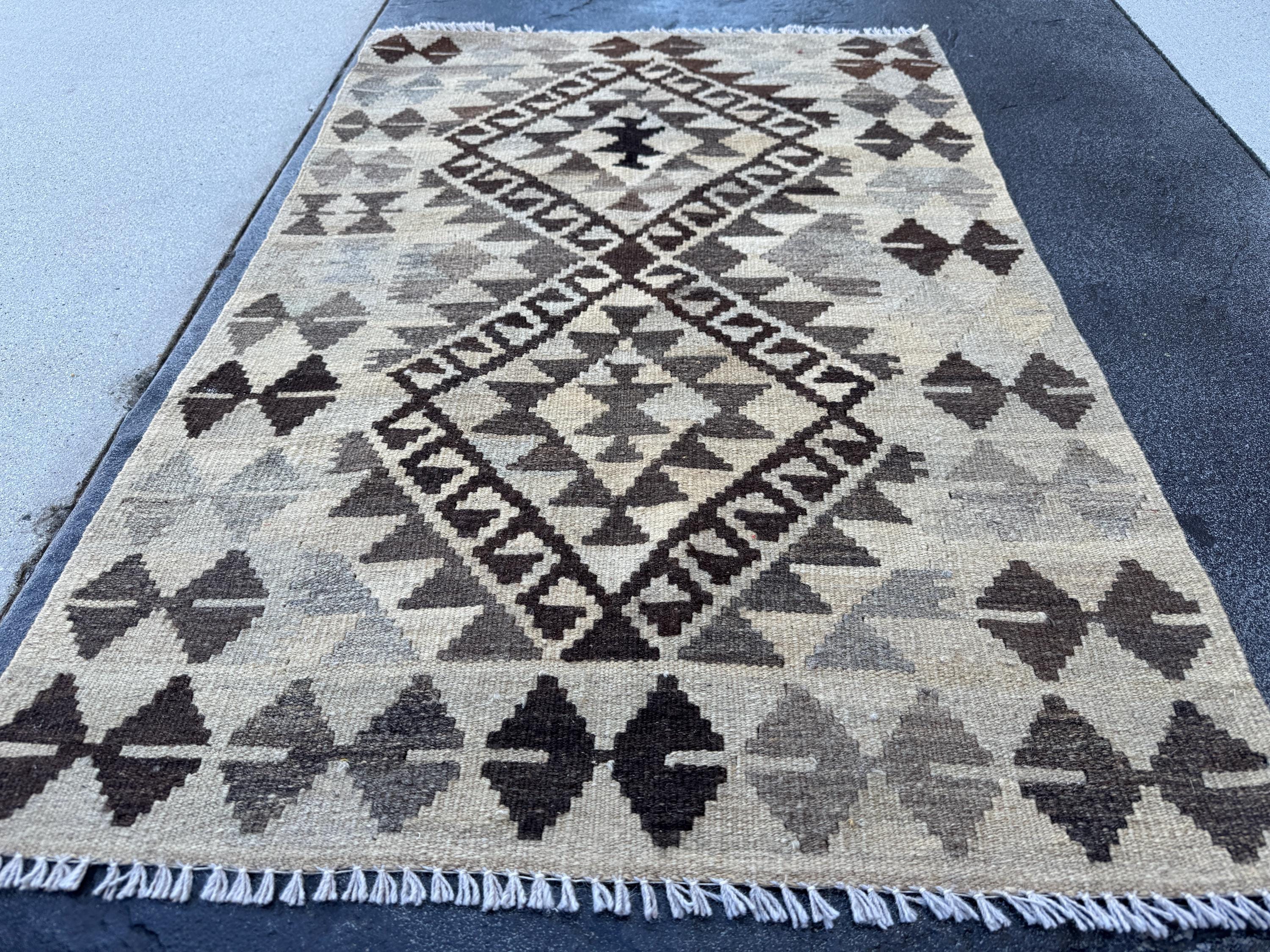 3x4 Handmade Afghan Kilim Rug | Brown Beige Cream Taupe Ivory Charcoal | Wool Flatwoven
