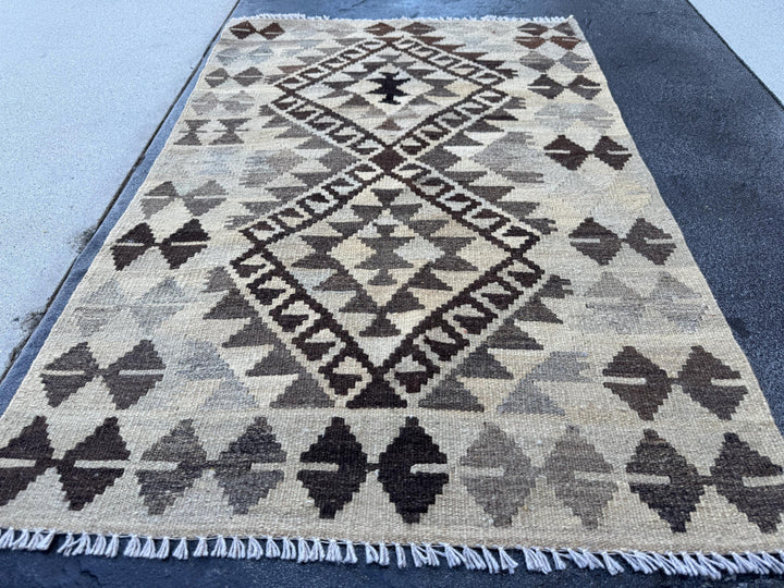 3x4 Handmade Afghan Kilim Rug | Brown Beige Cream Taupe Ivory Charcoal | Wool Flatwoven