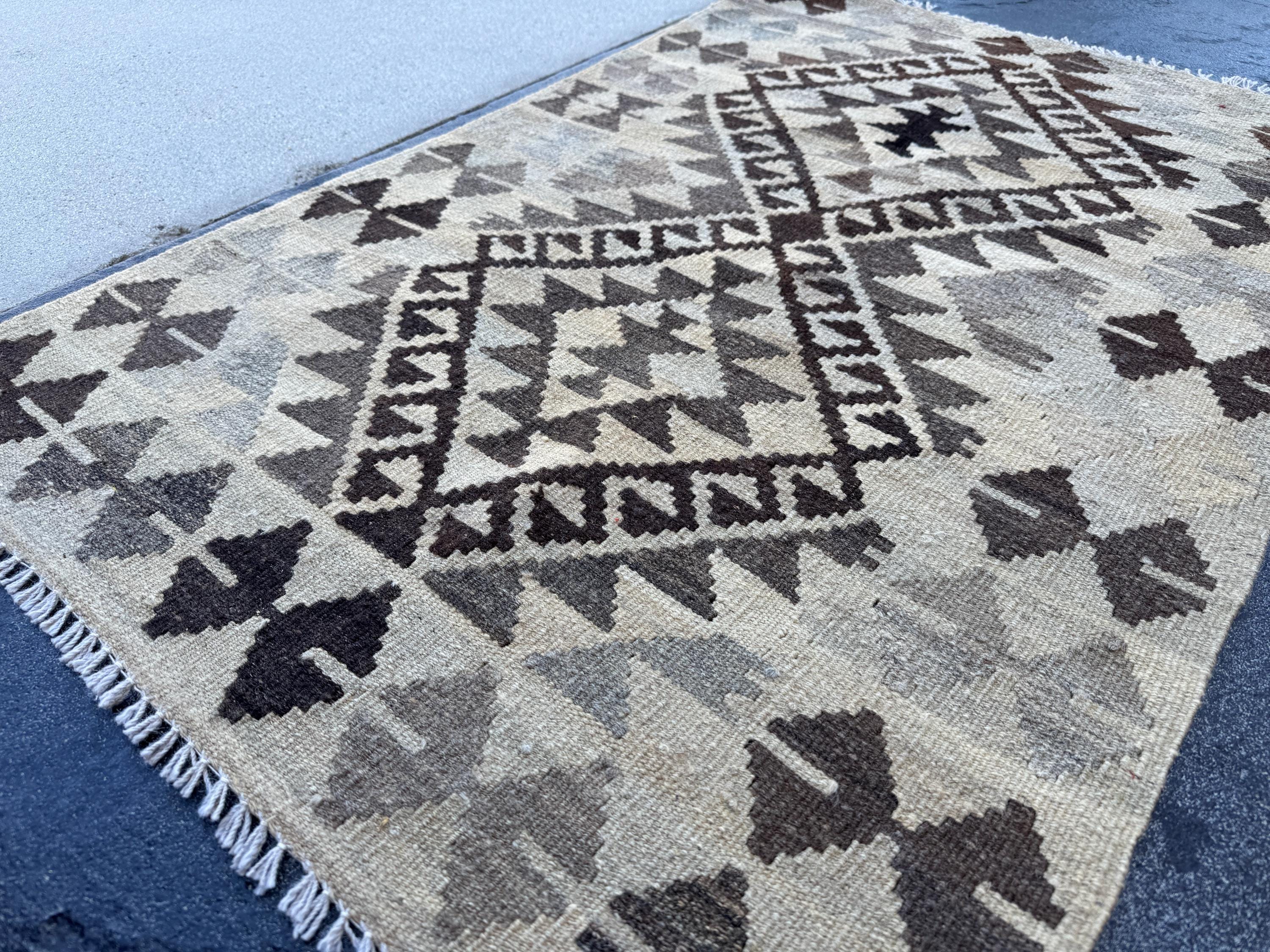 3x4 Handmade Afghan Kilim Rug | Brown Beige Cream Taupe Ivory Charcoal | Wool Flatwoven