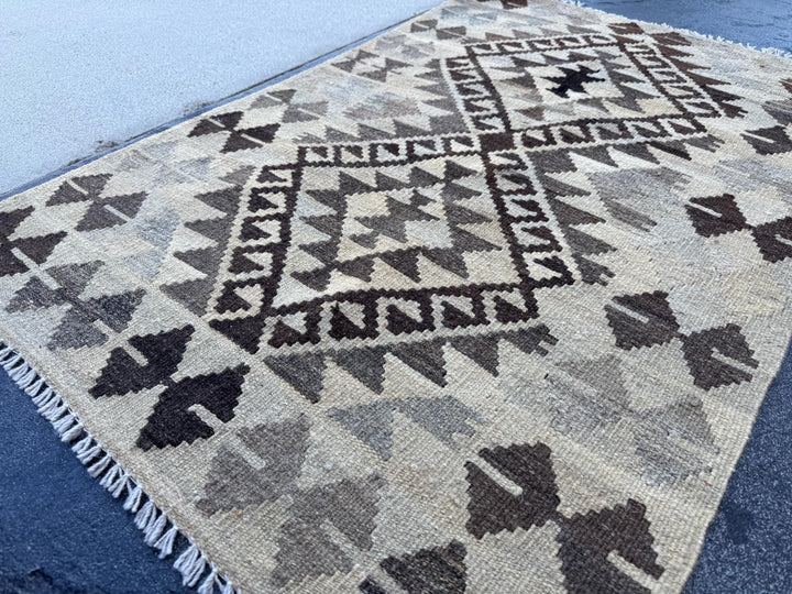 3x4 Handmade Afghan Kilim Rug | Brown Beige Cream Taupe Ivory Charcoal | Wool Flatwoven