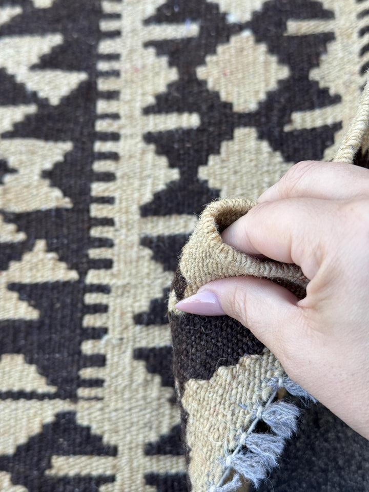 3x4 Handmade Afghan Kilim Rug | Dark Brown Cream Beige Taupe Black | Wool Flatwoven