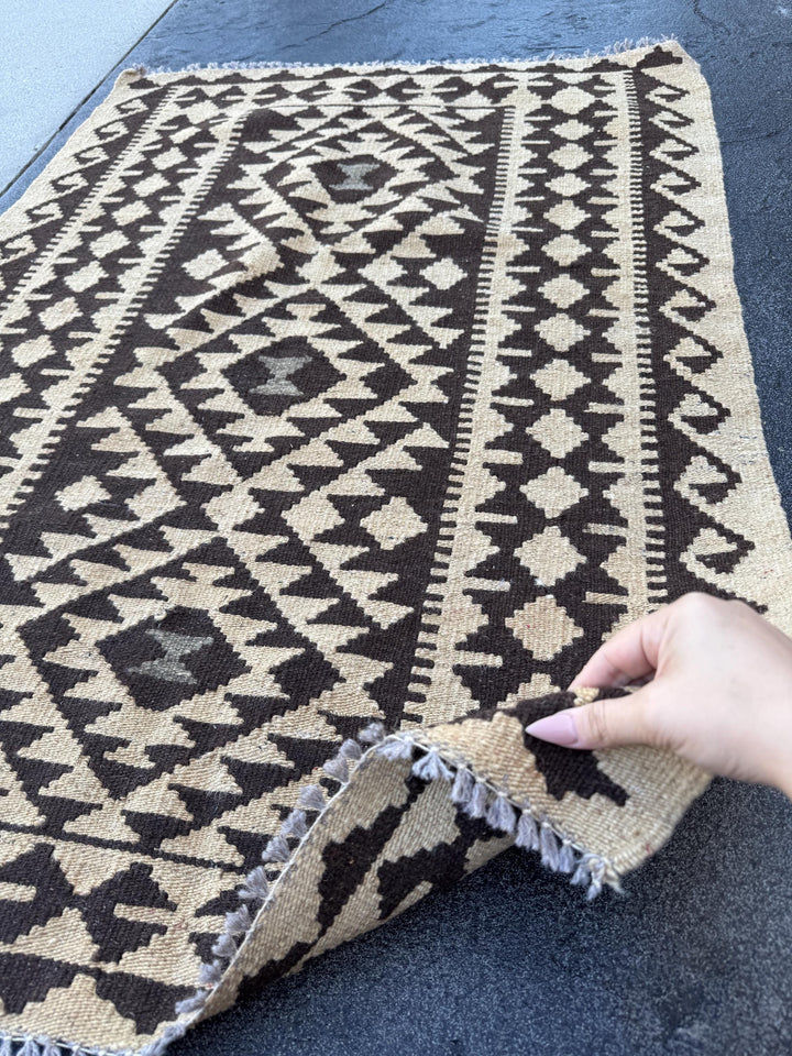 3x4 Handmade Afghan Kilim Rug | Dark Brown Cream Beige Taupe Black | Wool Flatwoven