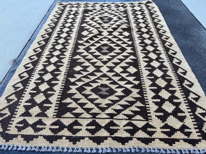 3x4 Handmade Afghan Kilim Rug | Dark Brown Cream Beige Taupe Black | Wool Flatwoven