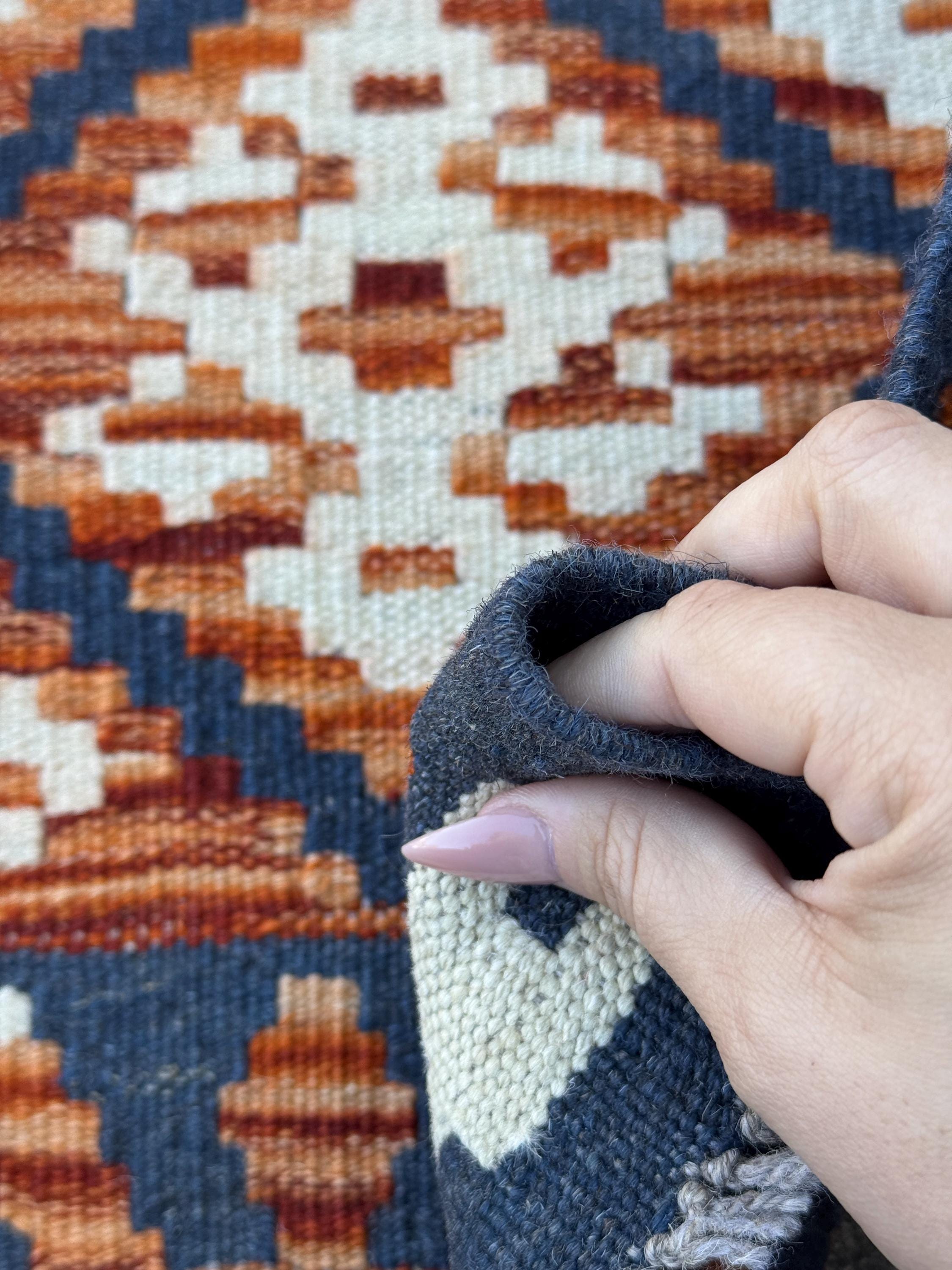 3x5 (91x152) Handmade Afghan Kilim Rug | Navy Burnt Orange Cream White Rust Red Mustard Yellow Olive Green | Wool Flatwoven