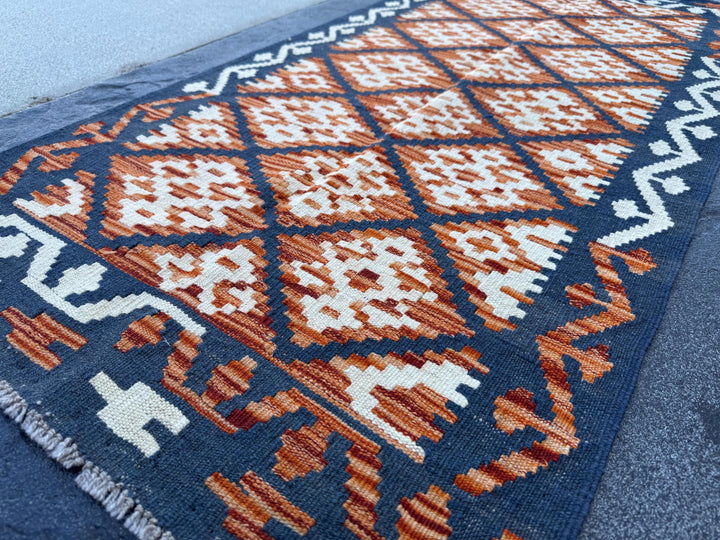 3x5 (91x152) Handmade Afghan Kilim Rug | Navy Burnt Orange Cream White Rust Red Mustard Yellow Olive Green | Wool Flatwoven