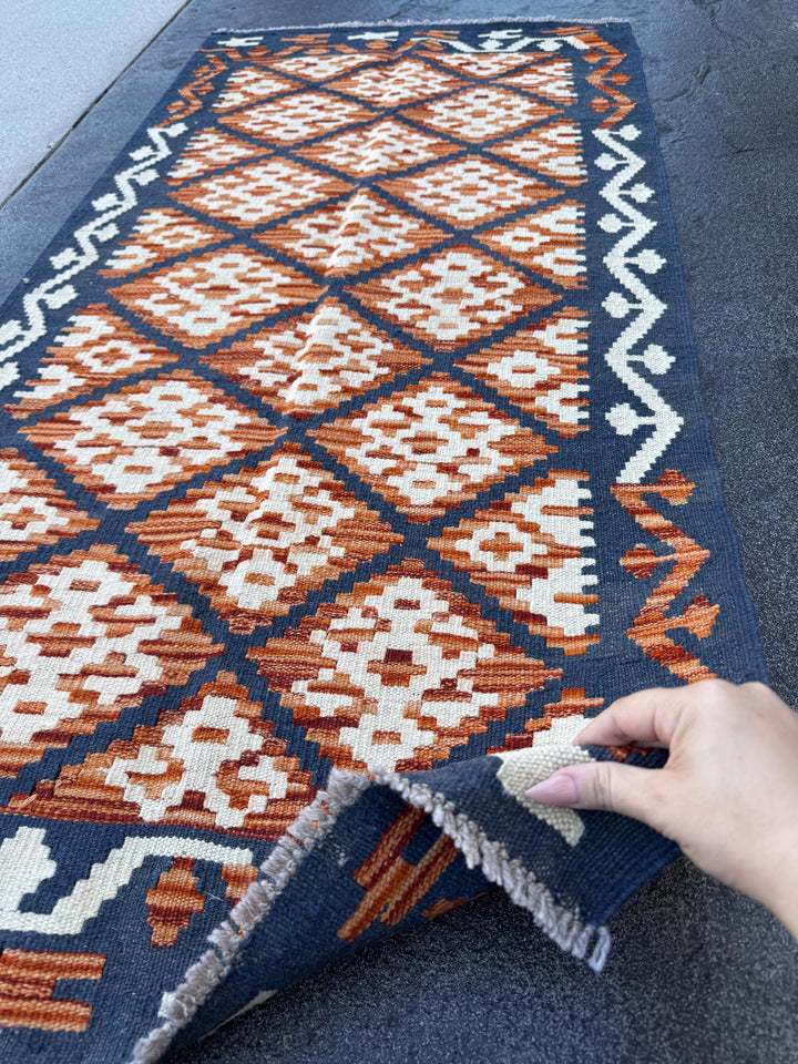 3x5 (91x152) Handmade Afghan Kilim Rug | Navy Burnt Orange Cream White Rust Red Mustard Yellow Olive Green | Wool Flatwoven