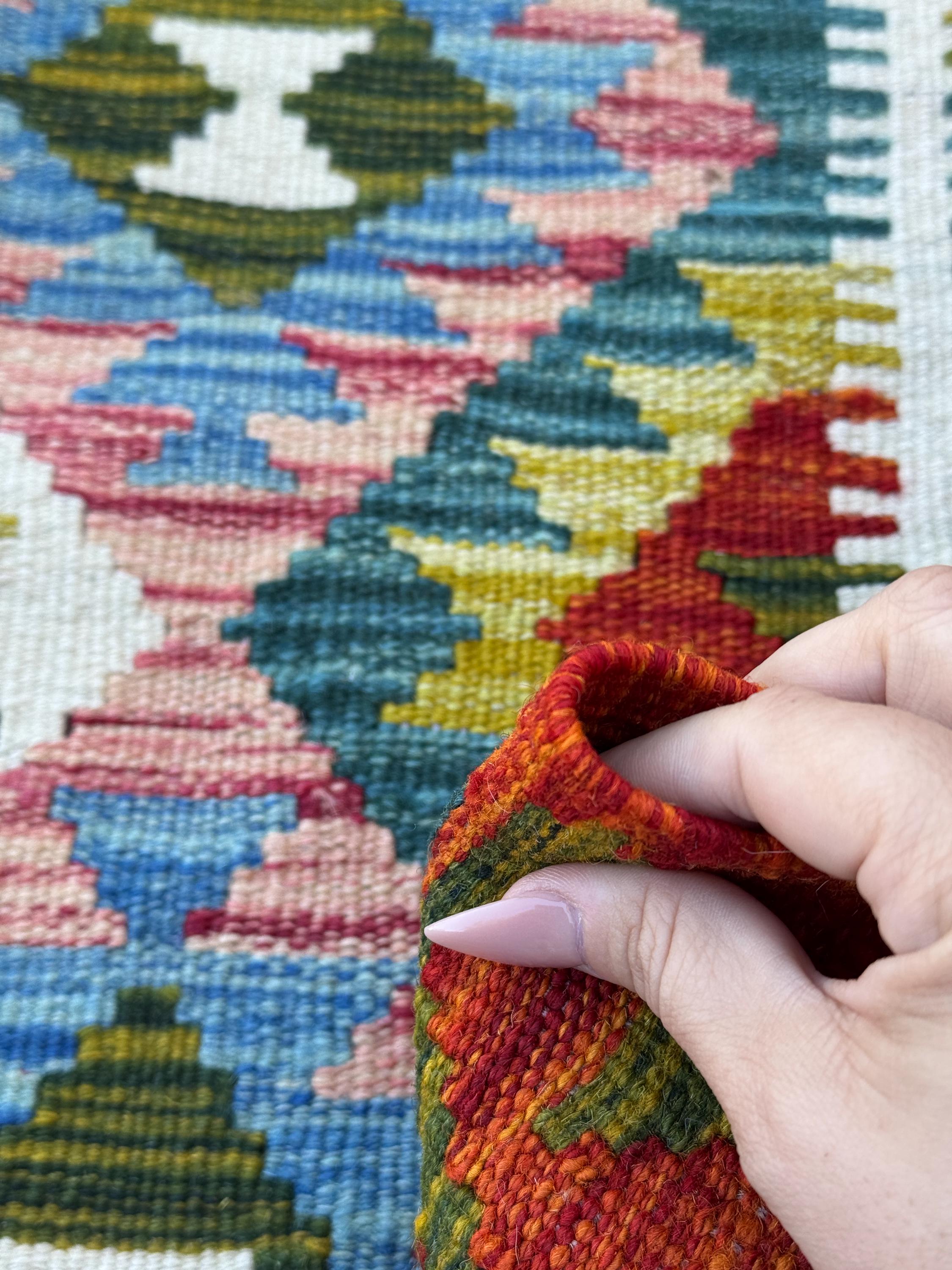 2x5 Handmade Afghan Kilim Runner Rug | Rust Red Aqua Denim Blue Olive Forest Pine Moss Green Cream White Maroon | Wool Flatwoven