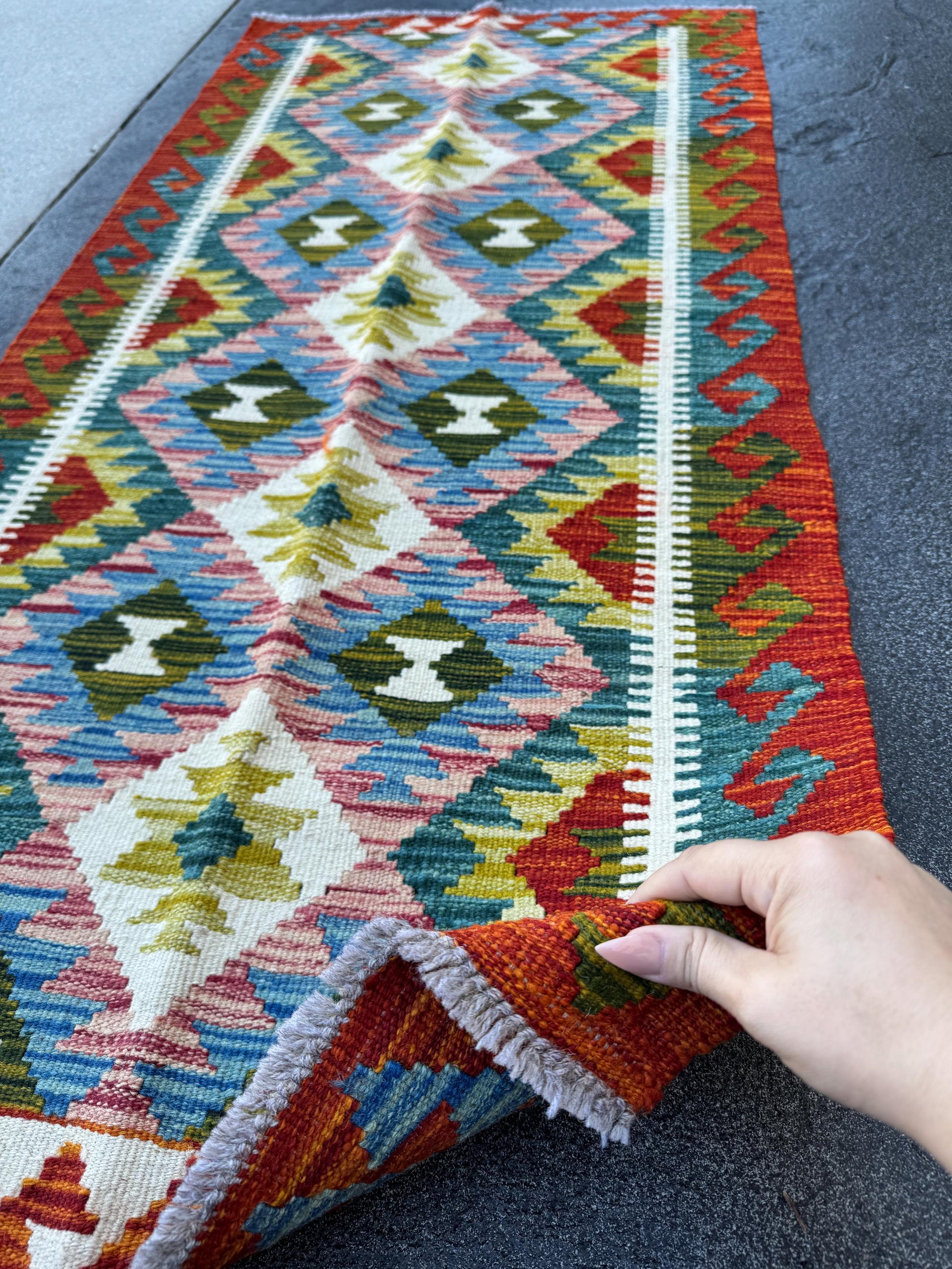 2x5 Handmade Afghan Kilim Runner Rug | Rust Red Aqua Denim Blue Olive Forest Pine Moss Green Cream White Maroon | Wool Flatwoven