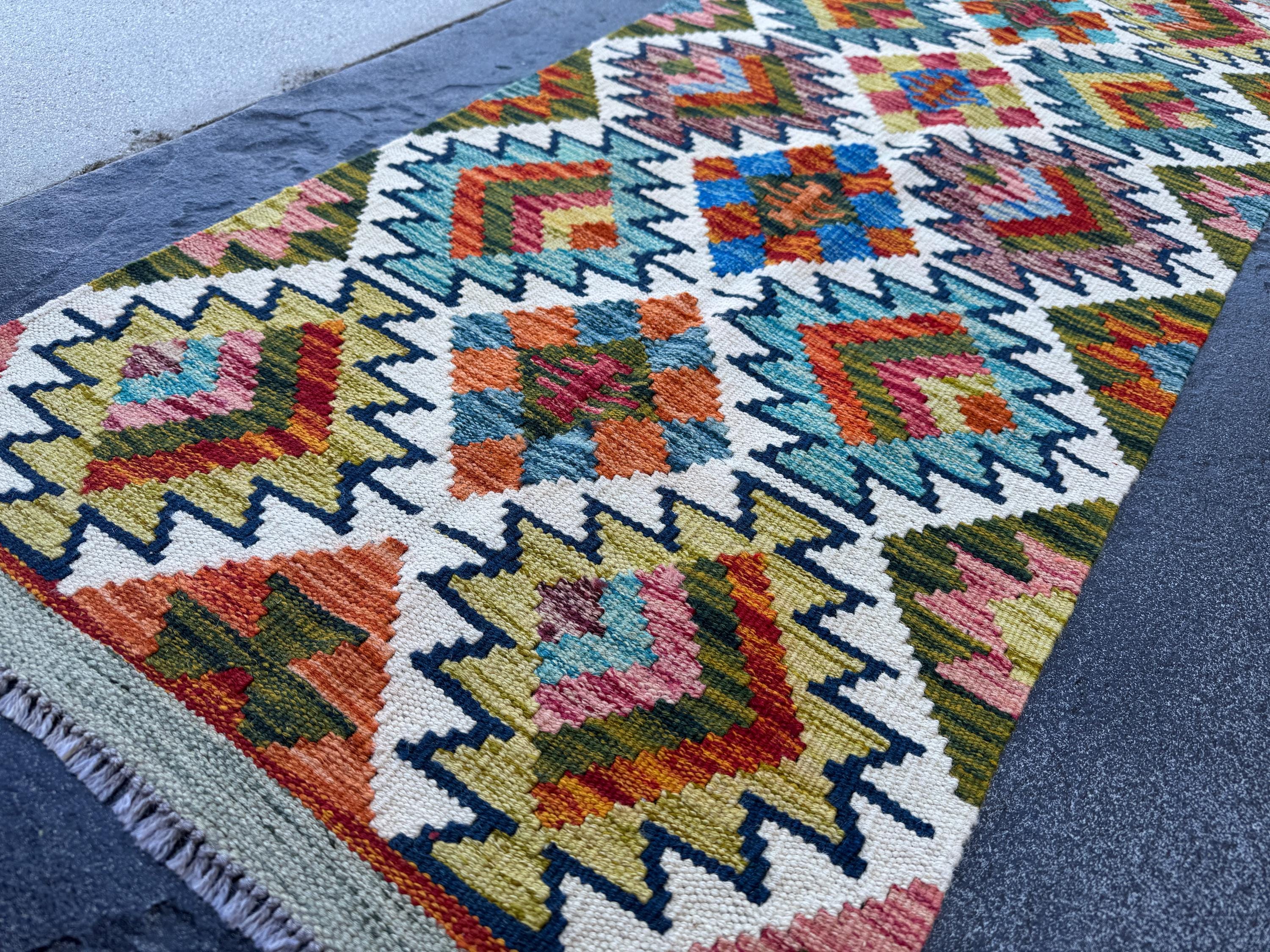 2x5 Handmade Afghan Kilim Runner Rug | Cream White Maroon Purple Denim Aqua Blue Teal Burnt Orange Moss Olive Lime Green Mustard | Flatwoven