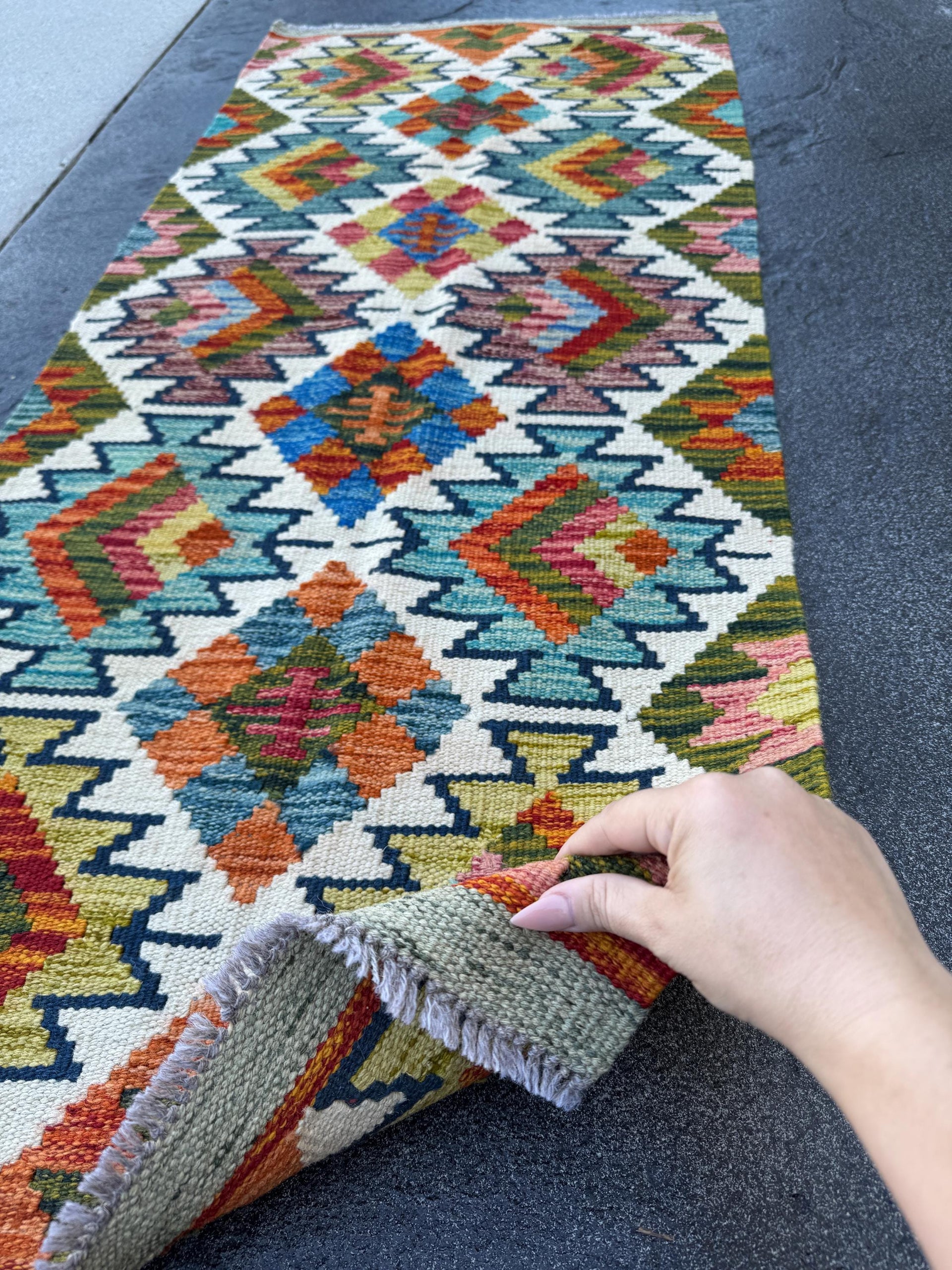 2x5 Handmade Afghan Kilim Runner Rug | Cream White Maroon Purple Denim Aqua Blue Teal Burnt Orange Moss Olive Lime Green Mustard | Flatwoven