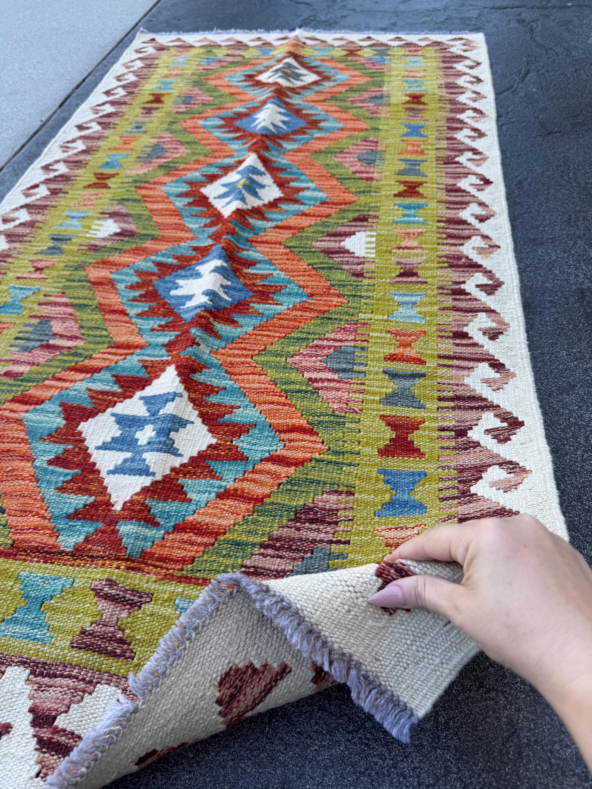 3x5 (91x152) Handmade Afghan Kilim Rug | Olive Green Teal Cream White Maroon Purple Aqua Denim Blue Rust Red Burnt Orange | Wool Flatwoven