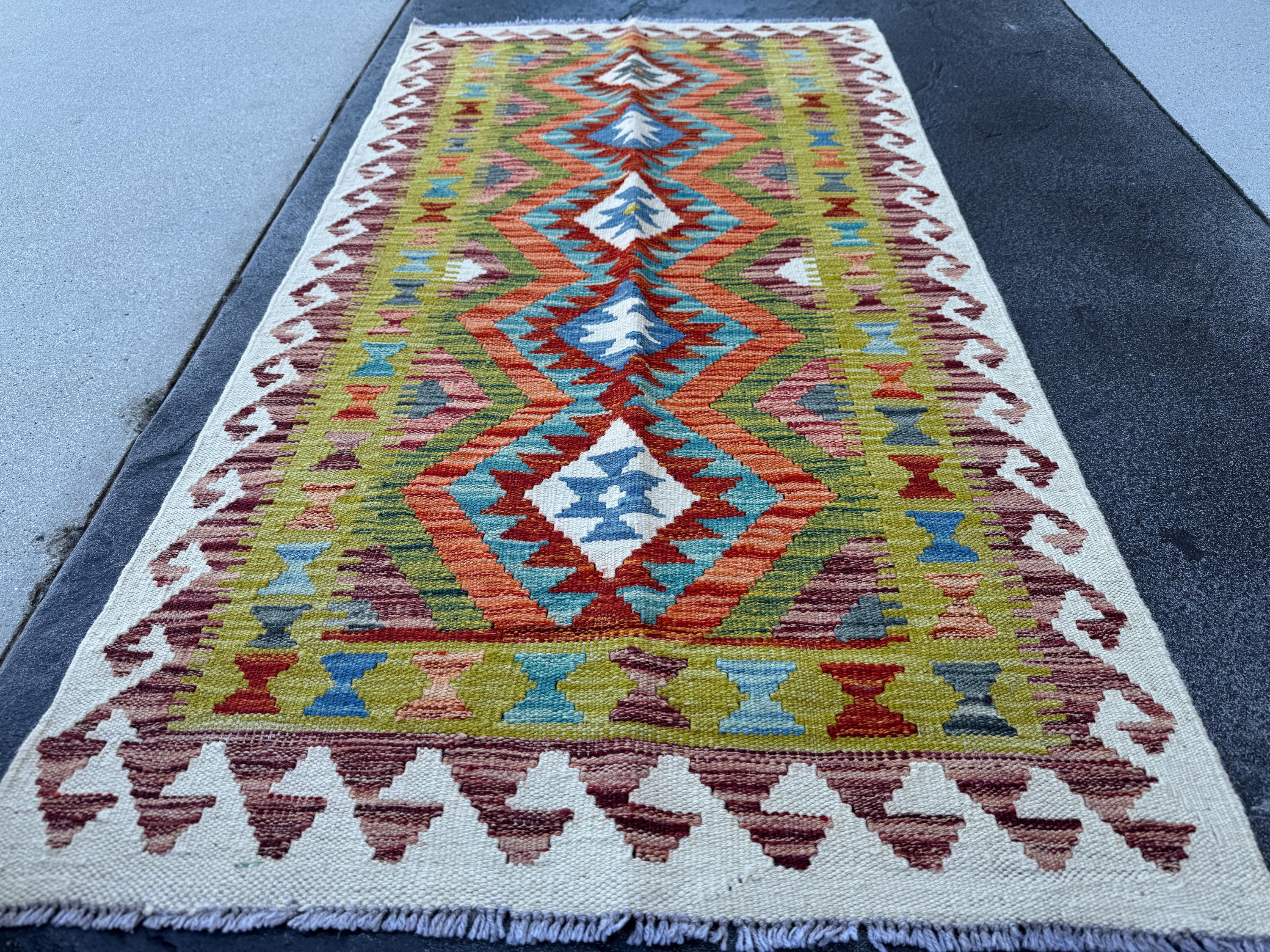 3x5 (91x152) Handmade Afghan Kilim Rug | Olive Green Teal Cream White Maroon Purple Aqua Denim Blue Rust Red Burnt Orange | Wool Flatwoven