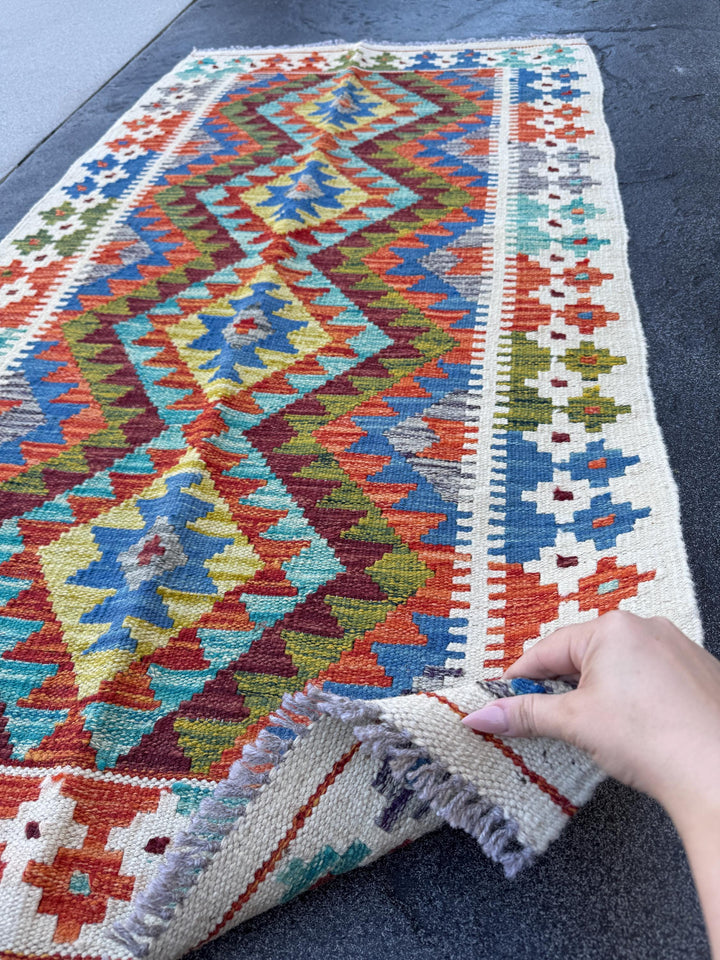 3x5 (91x152) Handmade Afghan Kilim Rug | Cream White Olive Moss Green Teal Denim Navy Blue Maroon Purple Burnt Orange Charcoal Grey | Wool