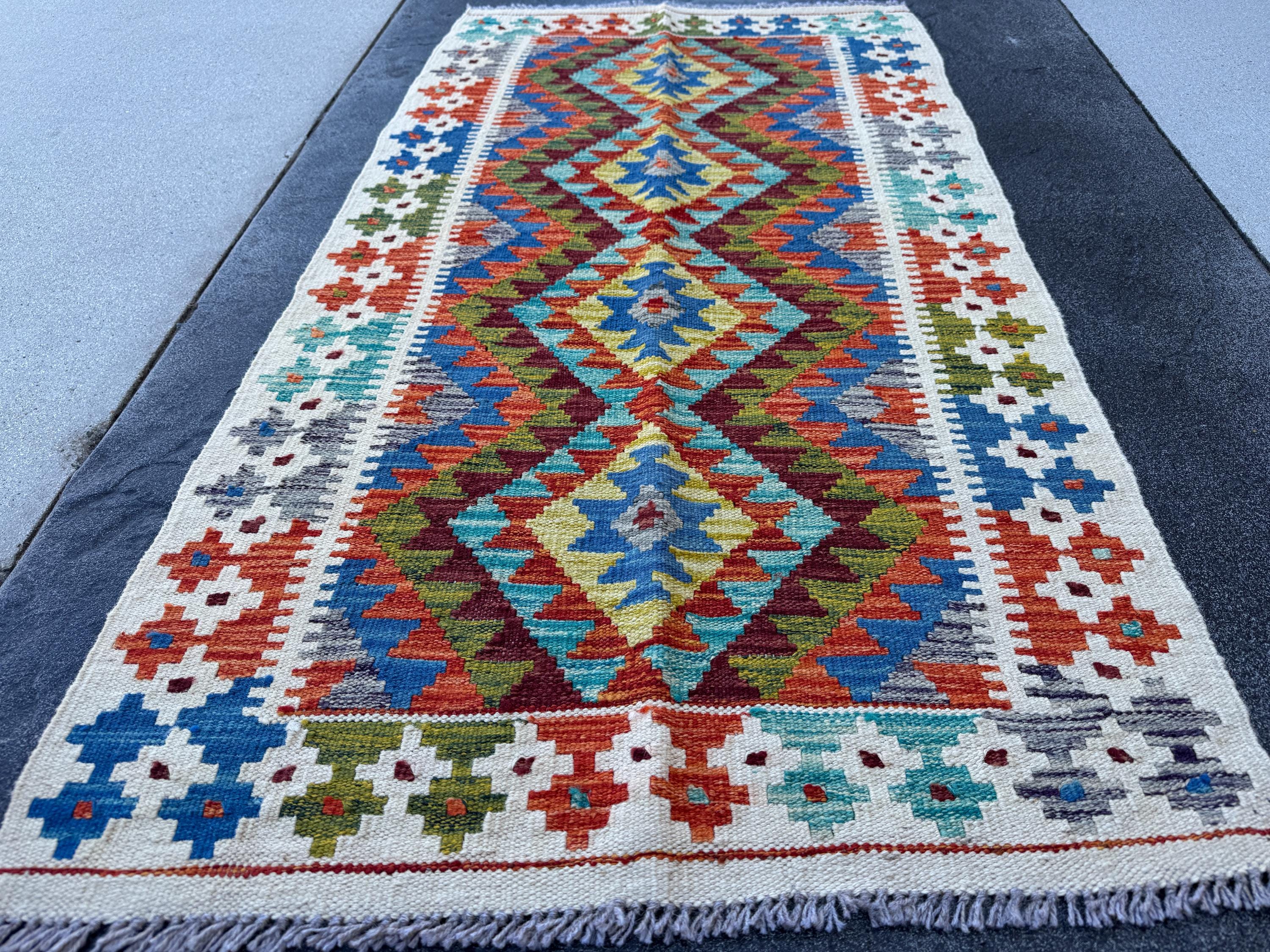 3x5 (91x152) Handmade Afghan Kilim Rug | Cream White Olive Moss Green Teal Denim Navy Blue Maroon Purple Burnt Orange Charcoal Grey | Wool