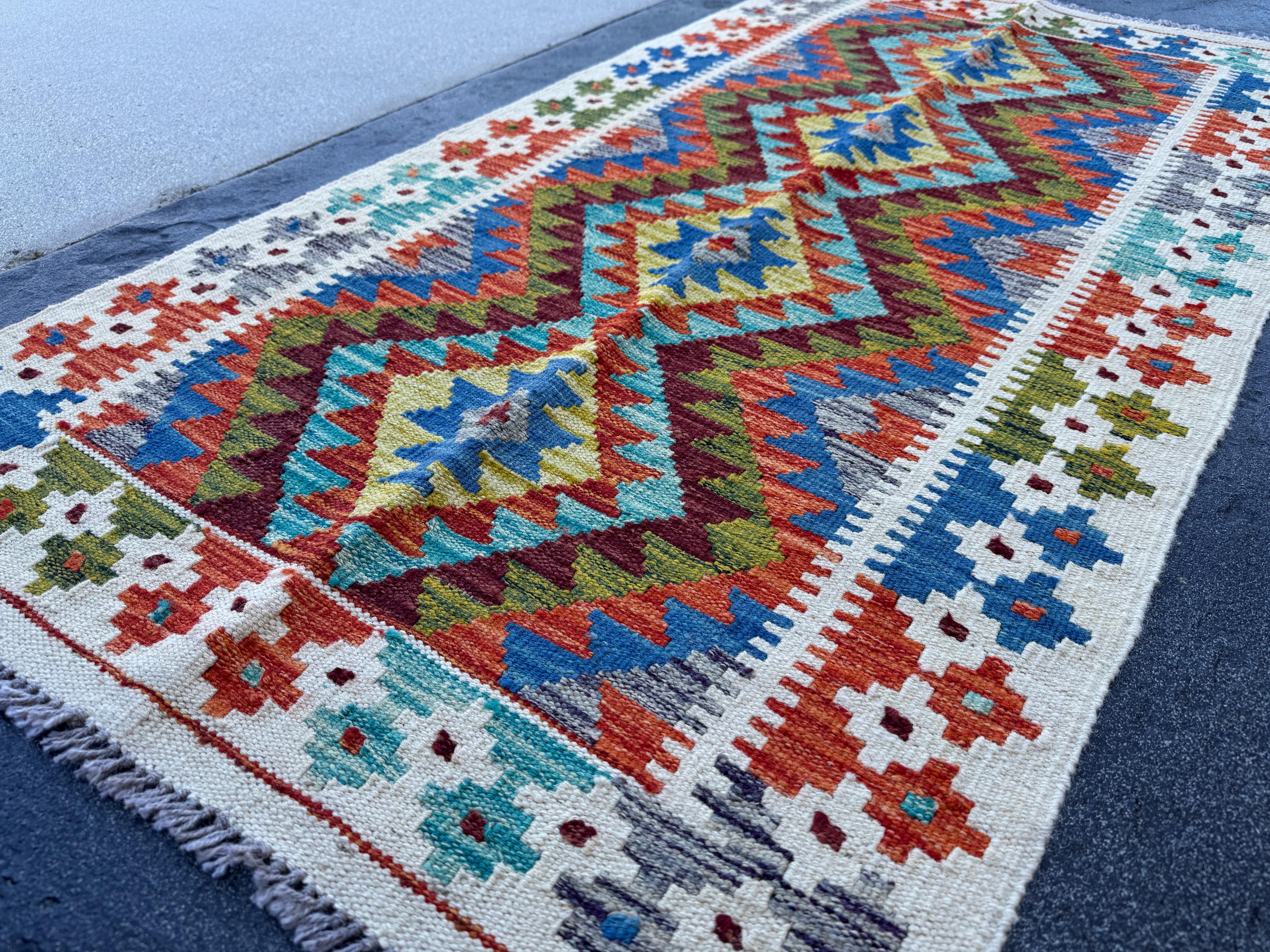3x5 (91x152) Handmade Afghan Kilim Rug | Cream White Olive Moss Green Teal Denim Navy Blue Maroon Purple Burnt Orange Charcoal Grey | Wool