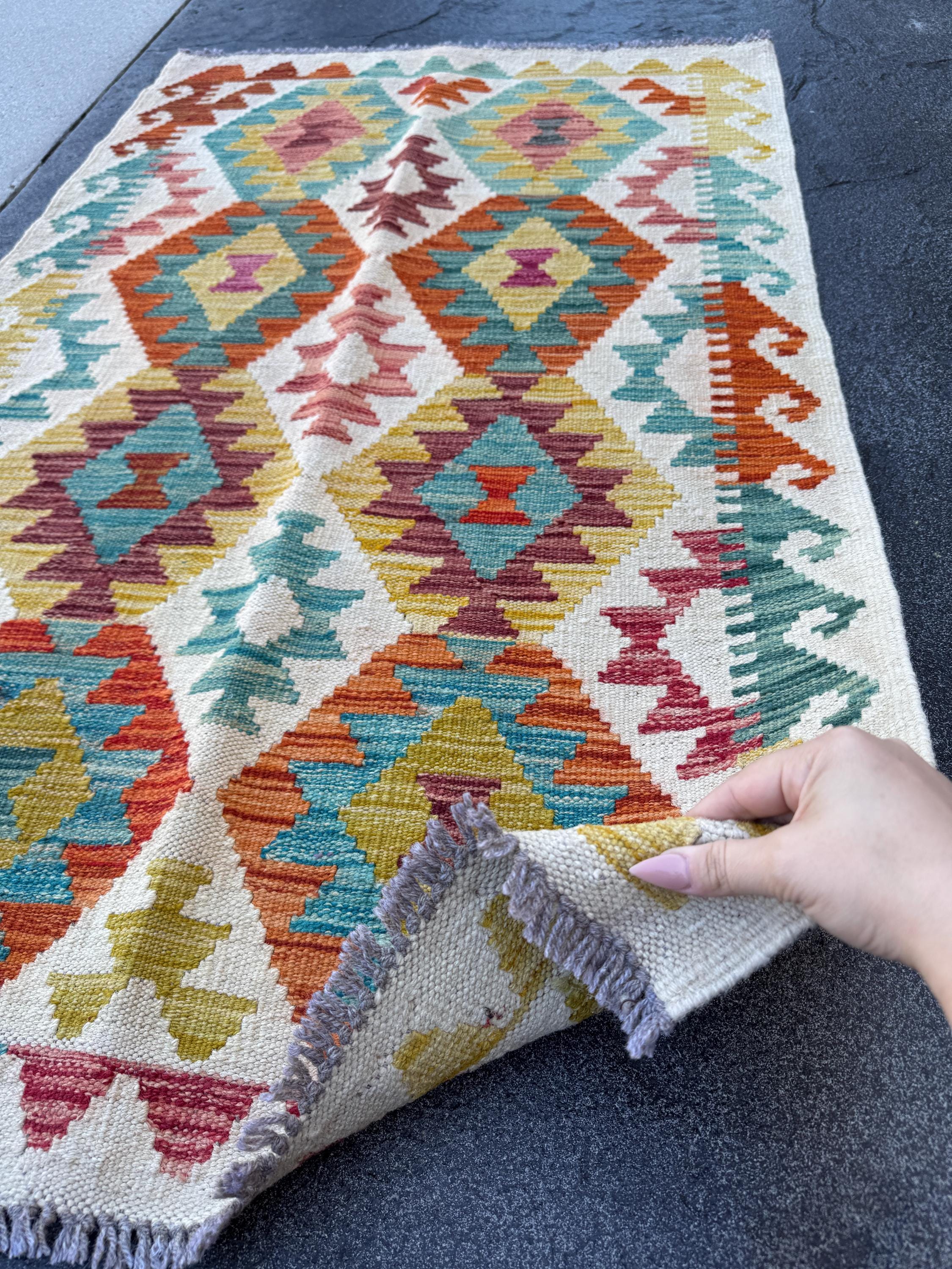 3x5 (91x152) Handmade Afghan Kilim Rug | Cream White Olive Green Teal Maroon Purple Burnt Orange Mustard Yellow Red | Wool Flatwoven