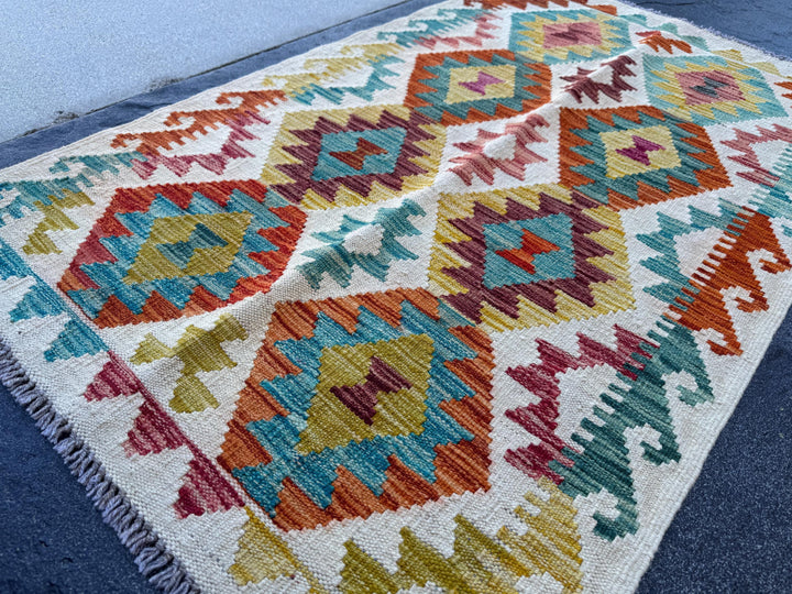 3x5 (91x152) Handmade Afghan Kilim Rug | Cream White Olive Green Teal Maroon Purple Burnt Orange Mustard Yellow Red | Wool Flatwoven