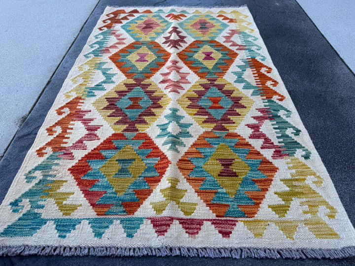 3x5 (91x152) Handmade Afghan Kilim Rug | Cream White Olive Green Teal Maroon Purple Burnt Orange Mustard Yellow Red | Wool Flatwoven