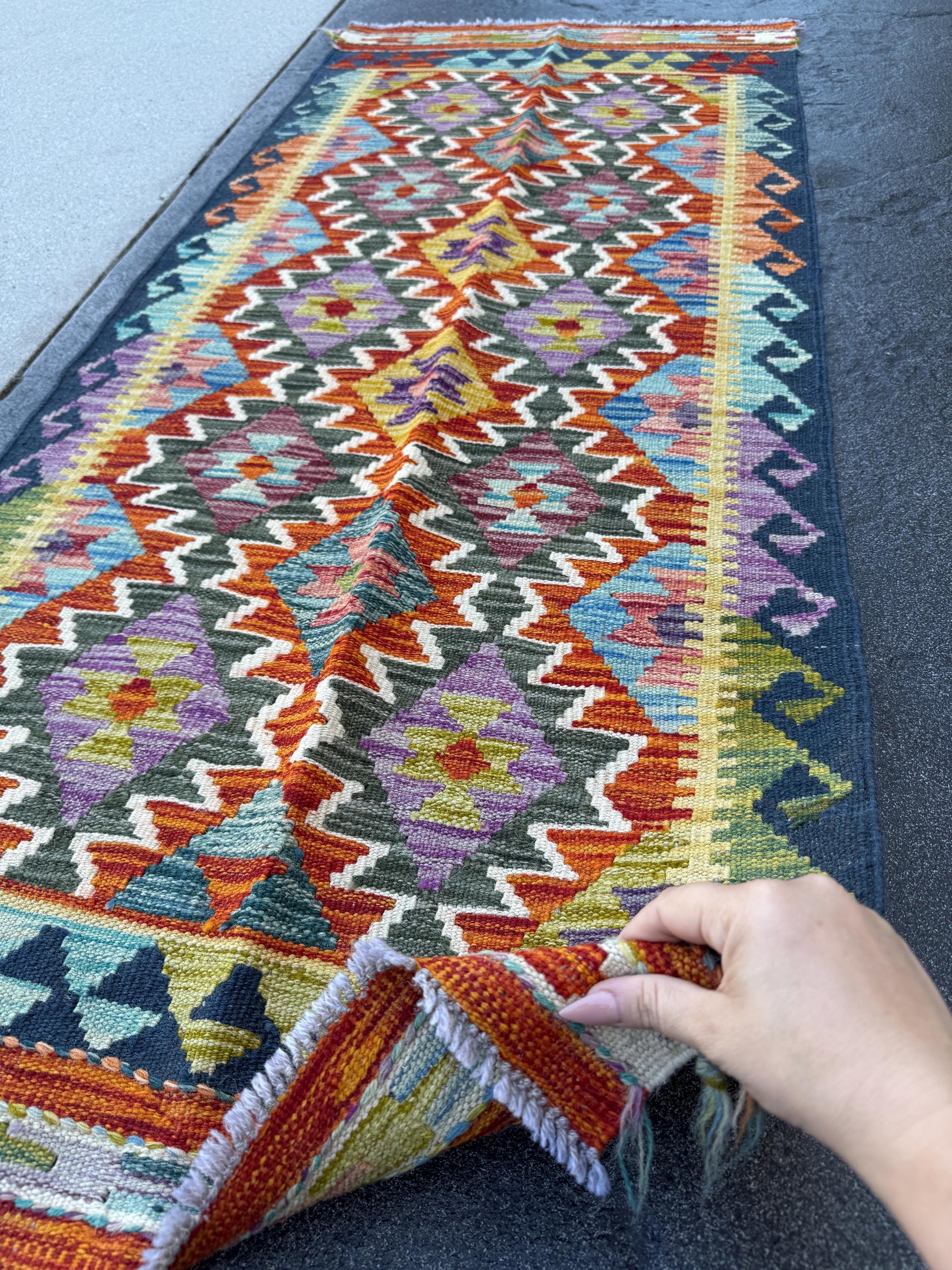 2x5 Handmade Afghan Kilim Runner Rug | Burnt Orange Olive Green Charcoal Grey Purple Aqua Midnight Blue Teal Cream White Mustard Yellow Gold