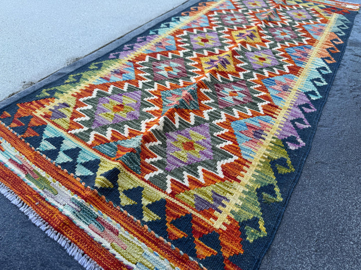 2x5 Handmade Afghan Kilim Runner Rug | Burnt Orange Olive Green Charcoal Grey Purple Aqua Midnight Blue Teal Cream White Mustard Yellow Gold