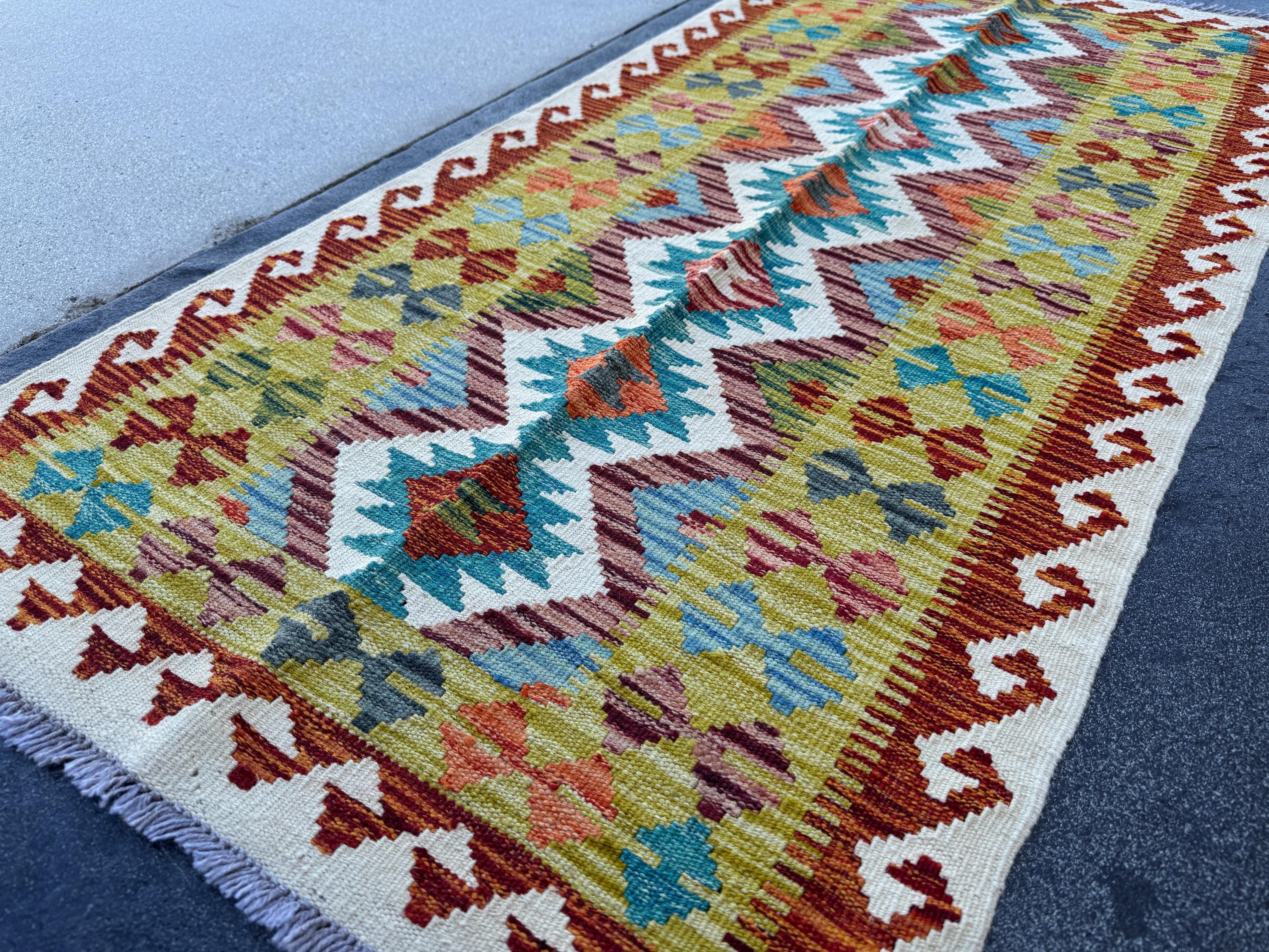 3x5 (91x152) Handmade Afghan Kilim Rug | Olive Green Cream White Olive Green Teal Burnt Orange Charcoal Maroon Charcoal Grey Denim | Wool