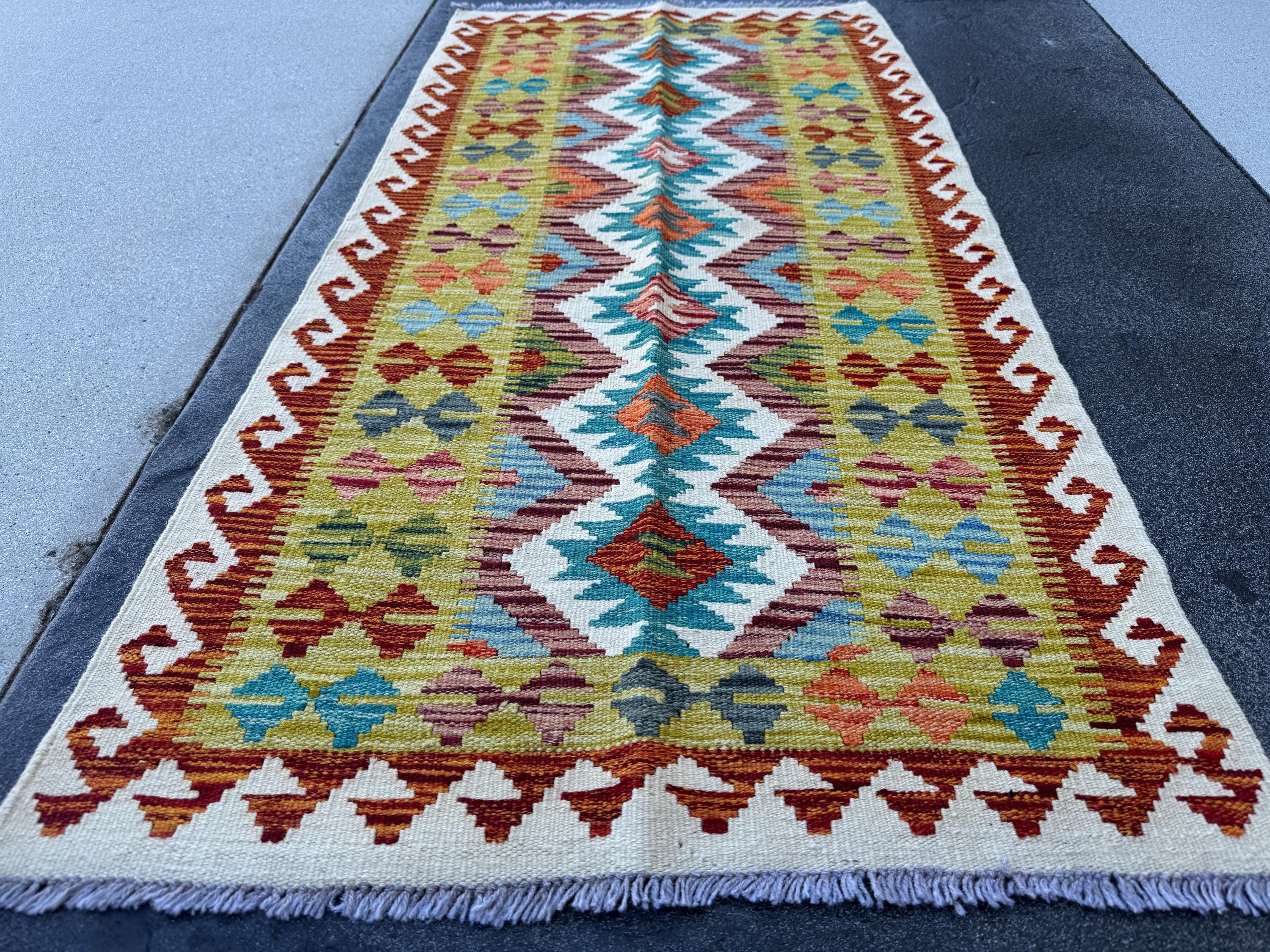 3x5 (91x152) Handmade Afghan Kilim Rug | Olive Green Cream White Olive Green Teal Burnt Orange Charcoal Maroon Charcoal Grey Denim | Wool