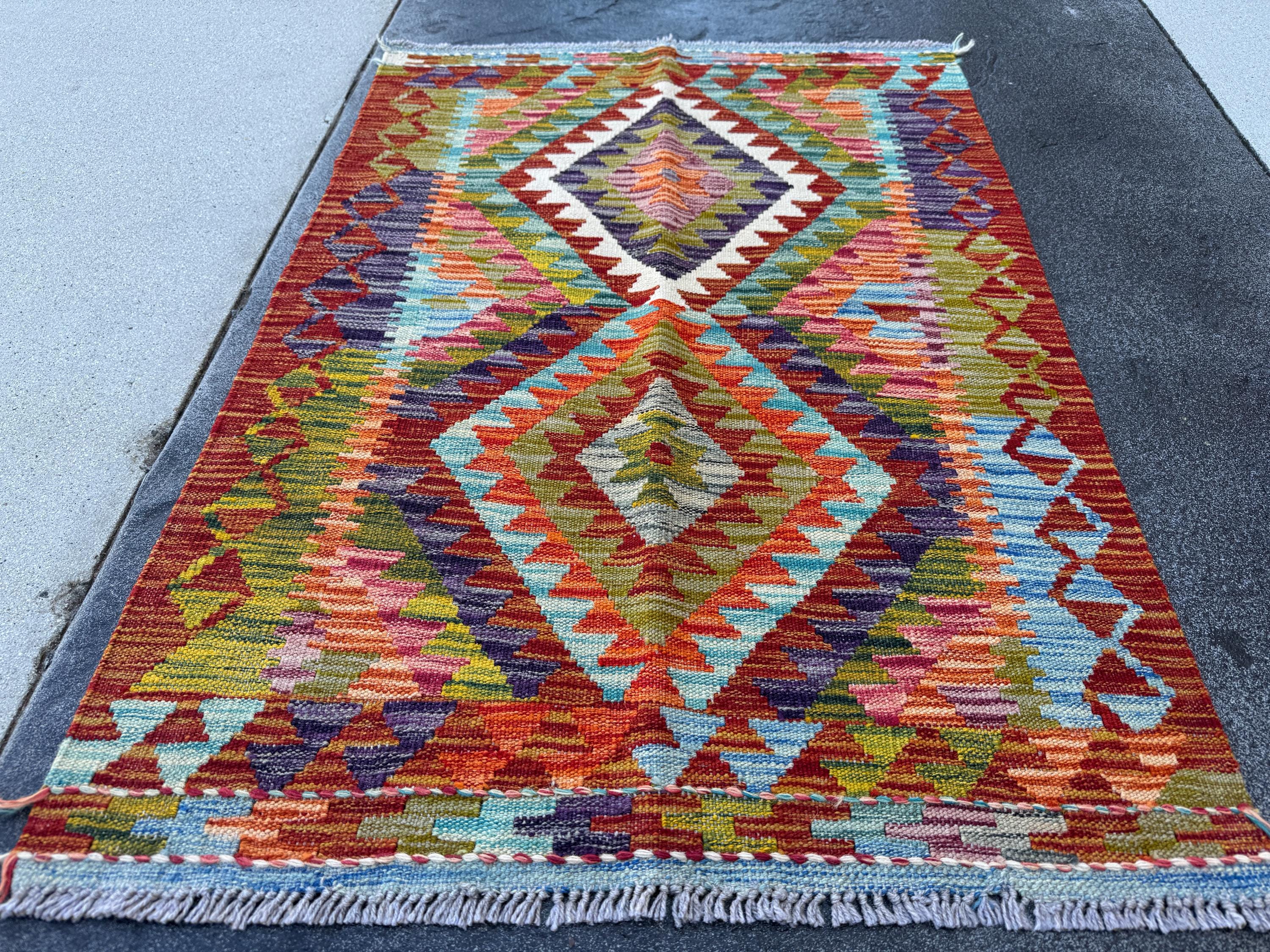 3x4 Handmade Afghan Kilim Rug | Burnt Orange Blood Red Olive Moss Green Teal Aqua Denim Eggplant Purple Cream White | Wool Flatwoven