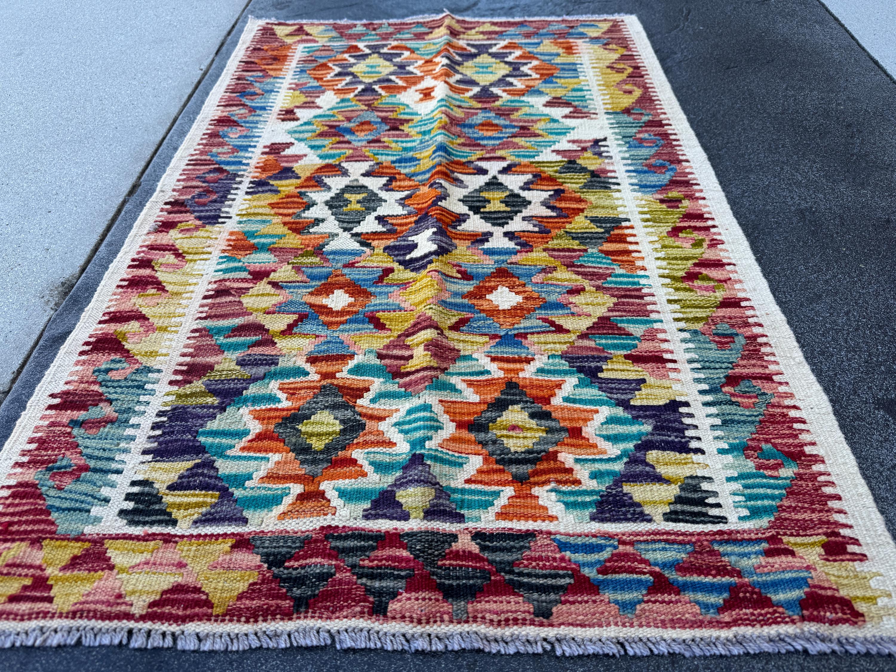 3x4 Handmade Afghan Kilim Rug | Cream White Charcoal Grey Aqua Teal Eggplant Purple Burnt Orange Rust Red Mustard Yellow | Wool Flatwoven