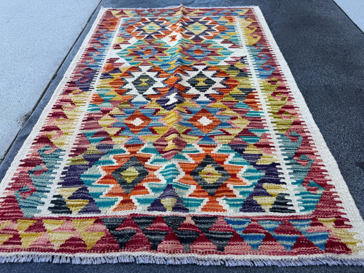 3x4 Handmade Afghan Kilim Rug | Cream White Charcoal Grey Aqua Teal Eggplant Purple Burnt Orange Rust Red Mustard Yellow | Wool Flatwoven