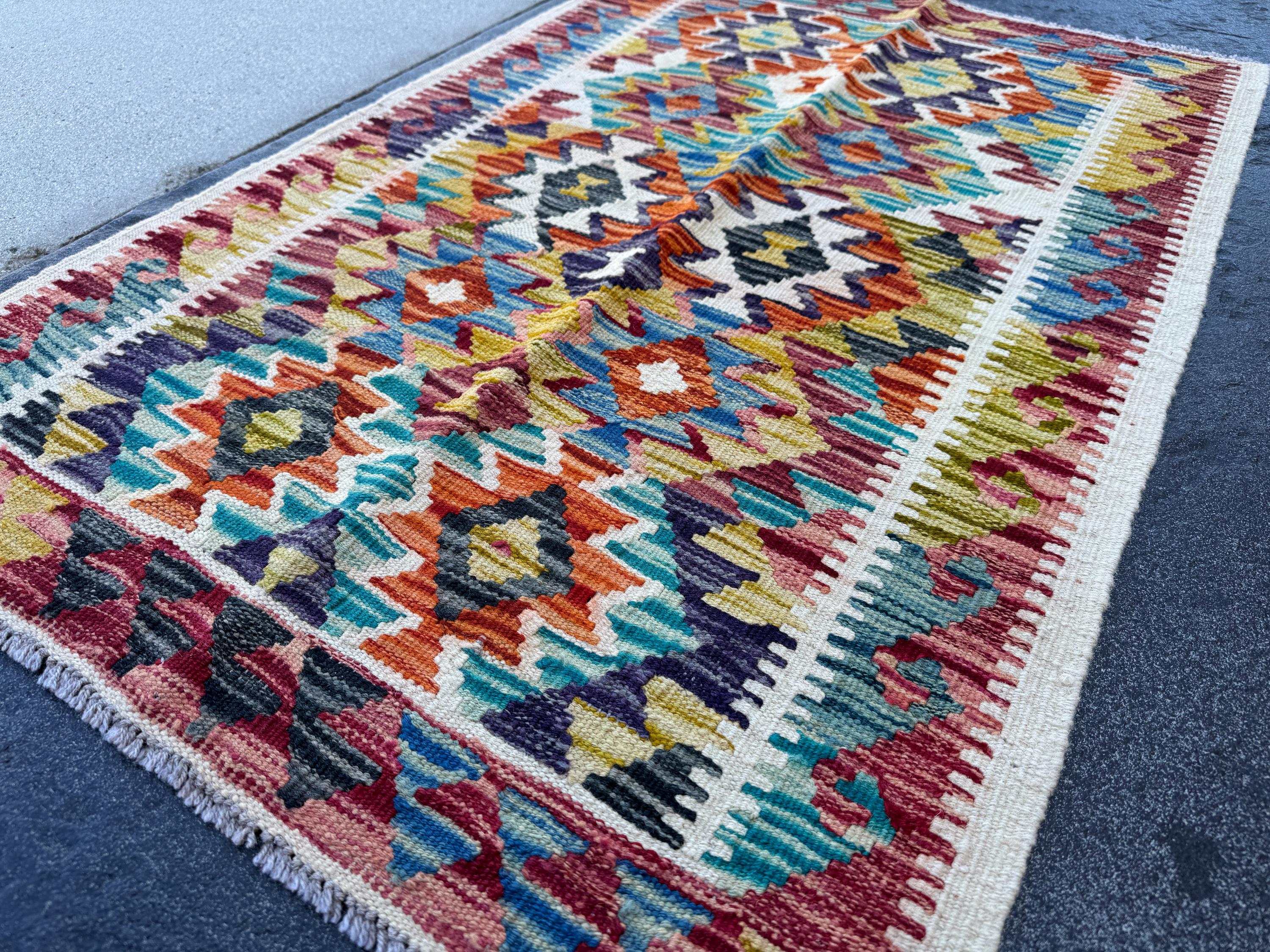 3x4 Handmade Afghan Kilim Rug | Cream White Charcoal Grey Aqua Teal Eggplant Purple Burnt Orange Rust Red Mustard Yellow | Wool Flatwoven