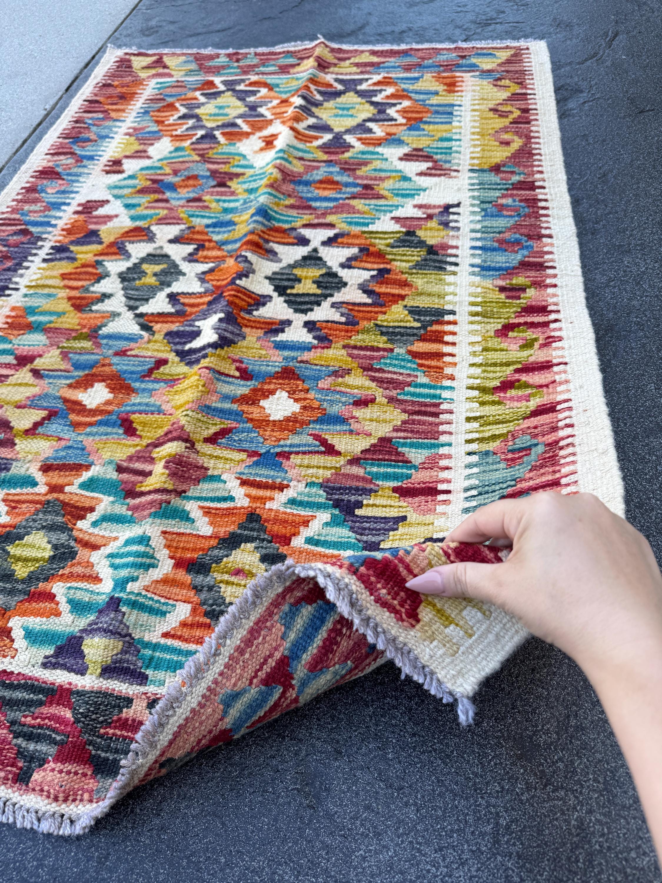 3x4 Handmade Afghan Kilim Rug | Cream White Charcoal Grey Aqua Teal Eggplant Purple Burnt Orange Rust Red Mustard Yellow | Wool Flatwoven