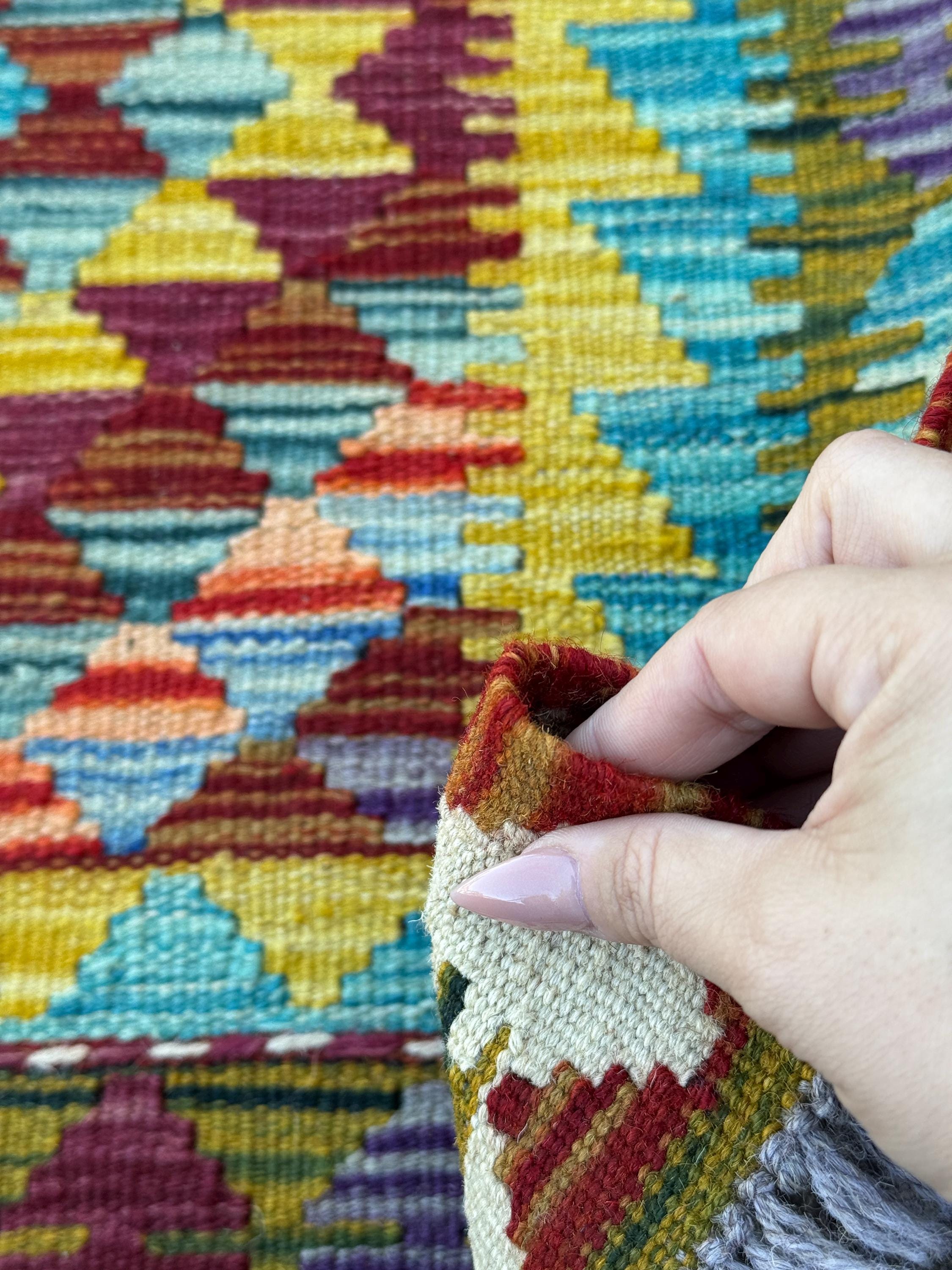 3x5 (91x152) Handmade Afghan Kilim Rug | Blood Red Chocolate Brown Mustard Yellow Aqua Teal Olive Pine Green Eggplant Purple Orange | Wool