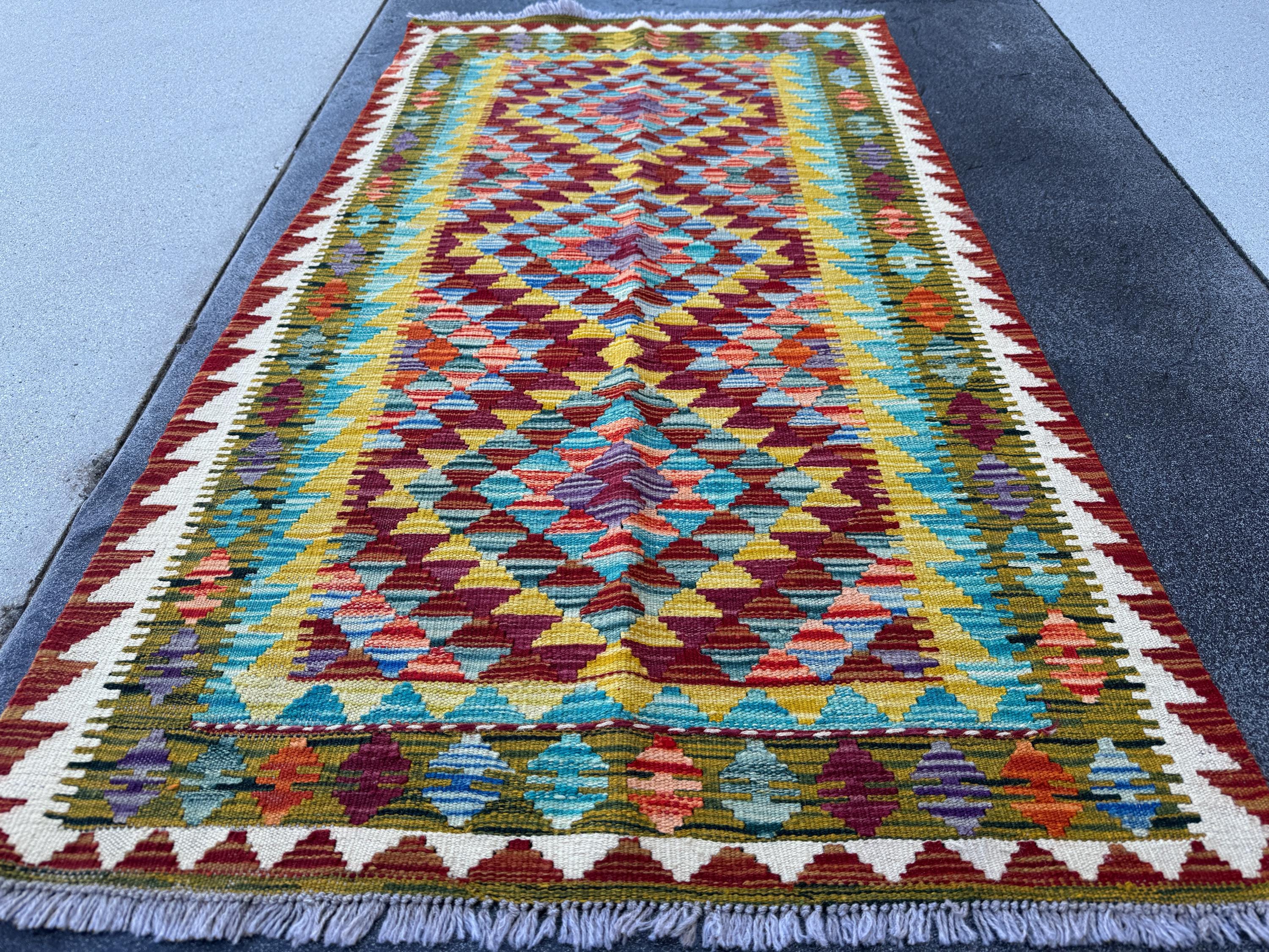 3x5 (91x152) Handmade Afghan Kilim Rug | Blood Red Chocolate Brown Mustard Yellow Aqua Teal Olive Pine Green Eggplant Purple Orange | Wool