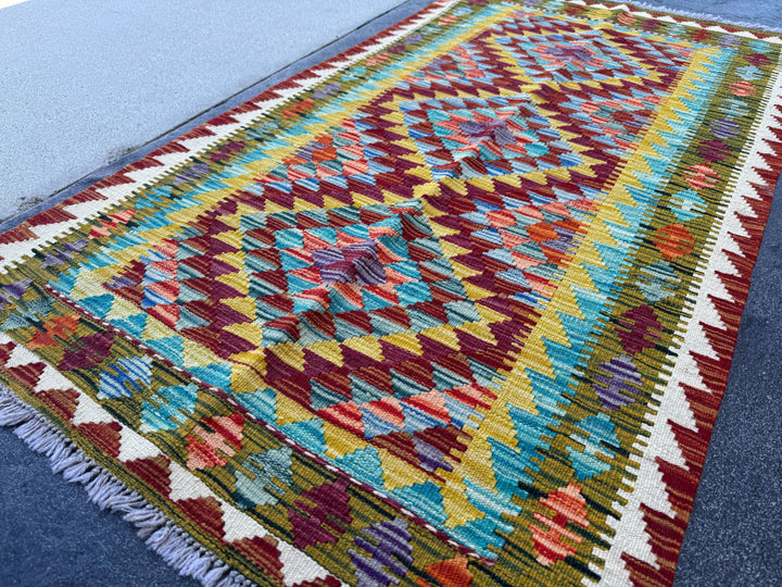 3x5 (91x152) Handmade Afghan Kilim Rug | Blood Red Chocolate Brown Mustard Yellow Aqua Teal Olive Pine Green Eggplant Purple Orange | Wool